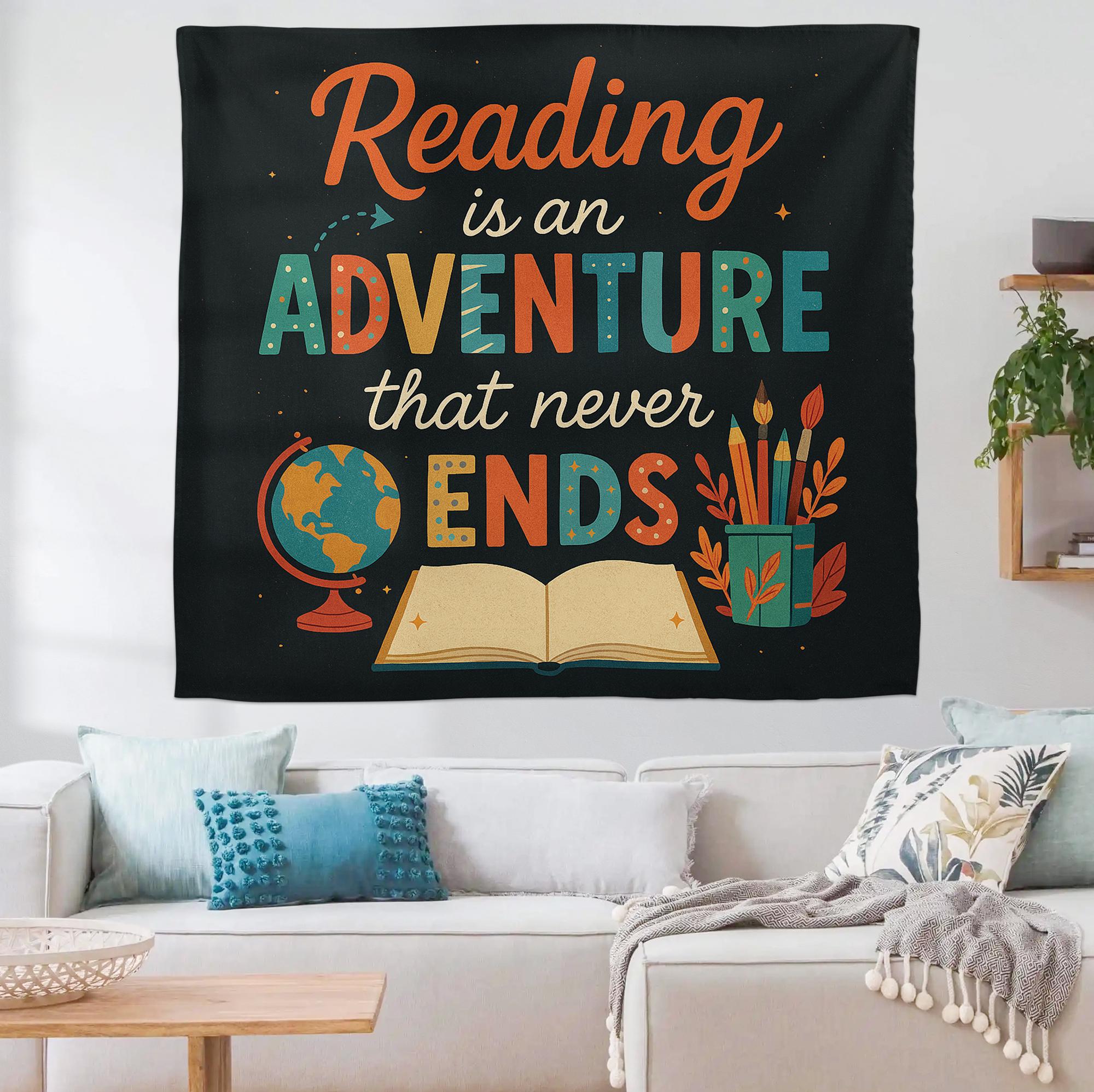 Reading Adventure Tapestry, Motivational Classroom Wall Hanging, Book Lover Quote Teacher Decor, Library School Room Wall Art