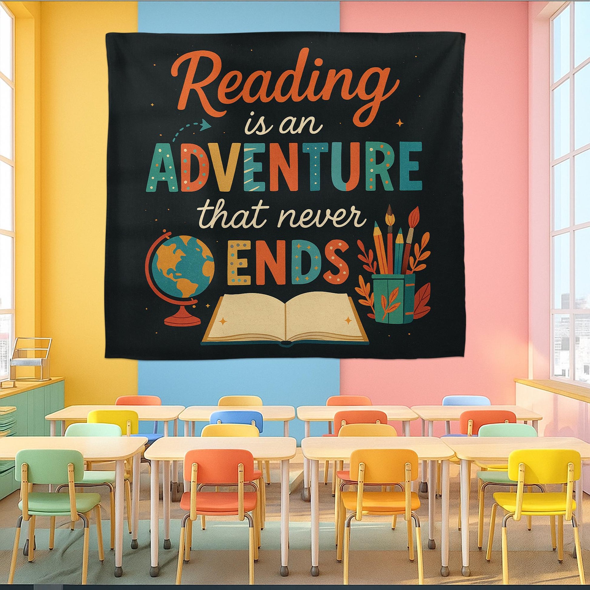 Reading Adventure Tapestry, Motivational Classroom Wall Hanging, Book Lover Quote Teacher Decor, Library School Room Wall Art