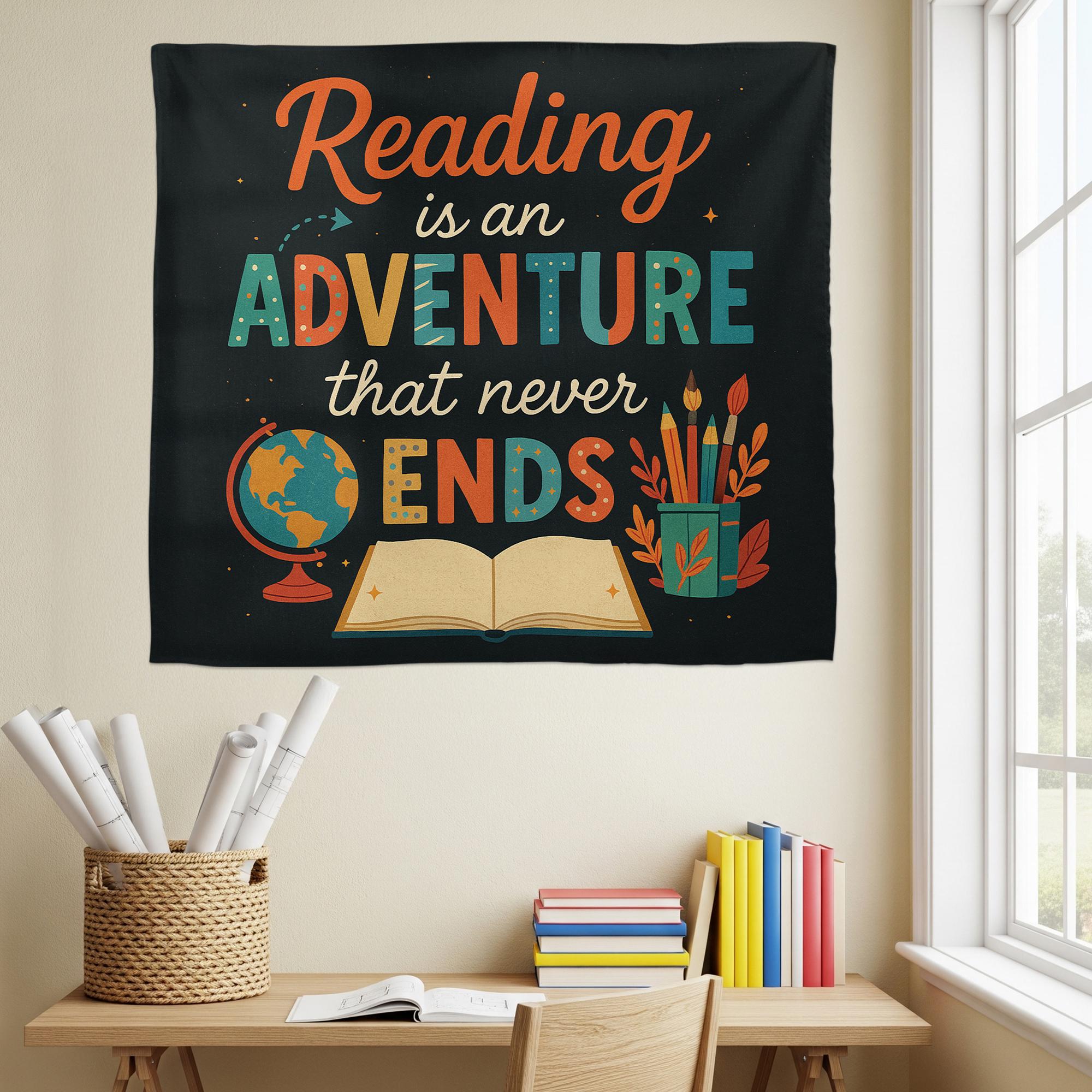 Reading Adventure Tapestry, Motivational Classroom Wall Hanging, Book Lover Quote Teacher Decor, Library School Room Wall Art
