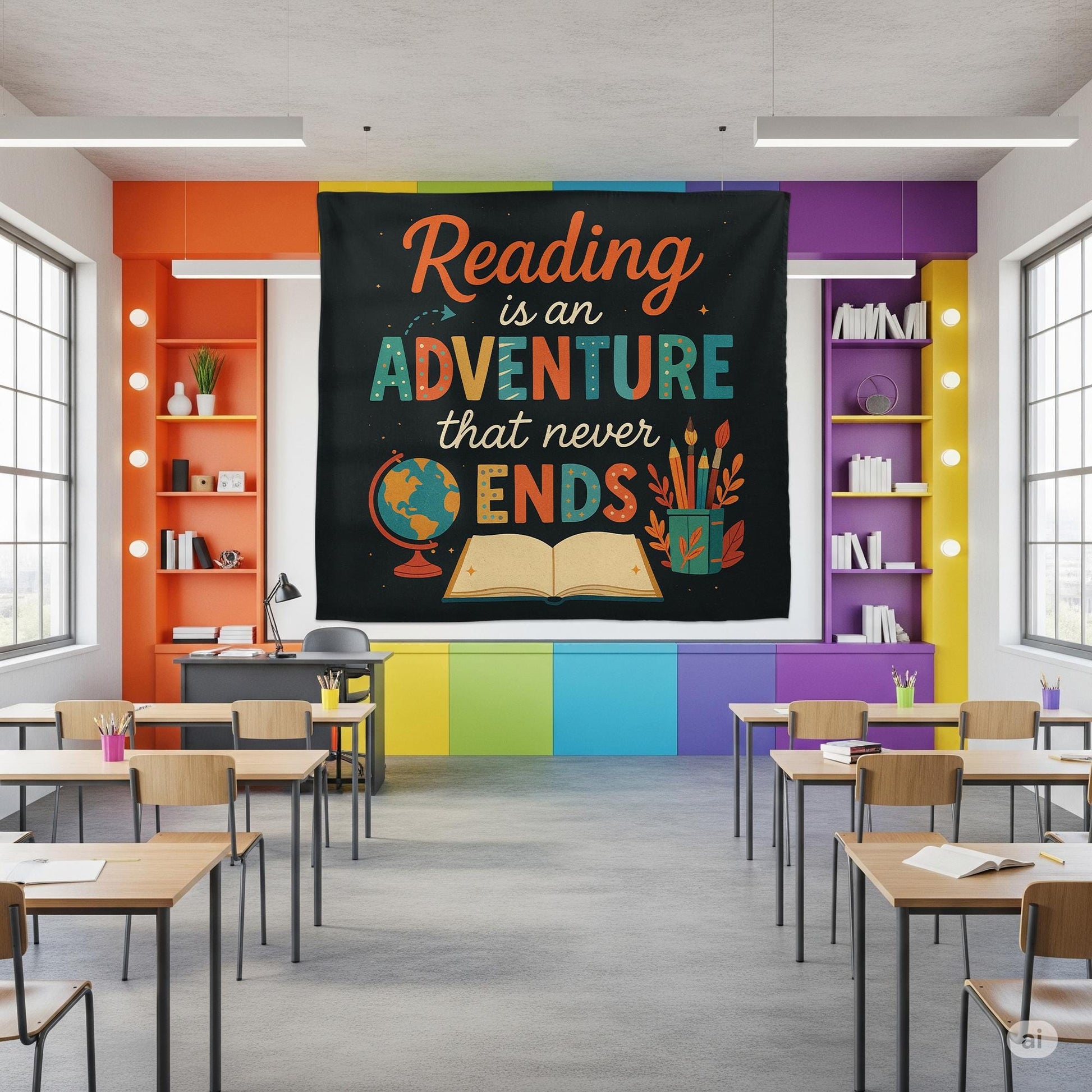 Reading Adventure Tapestry, Motivational Classroom Wall Hanging, Book Lover Quote Teacher Decor, Library School Room Wall Art
