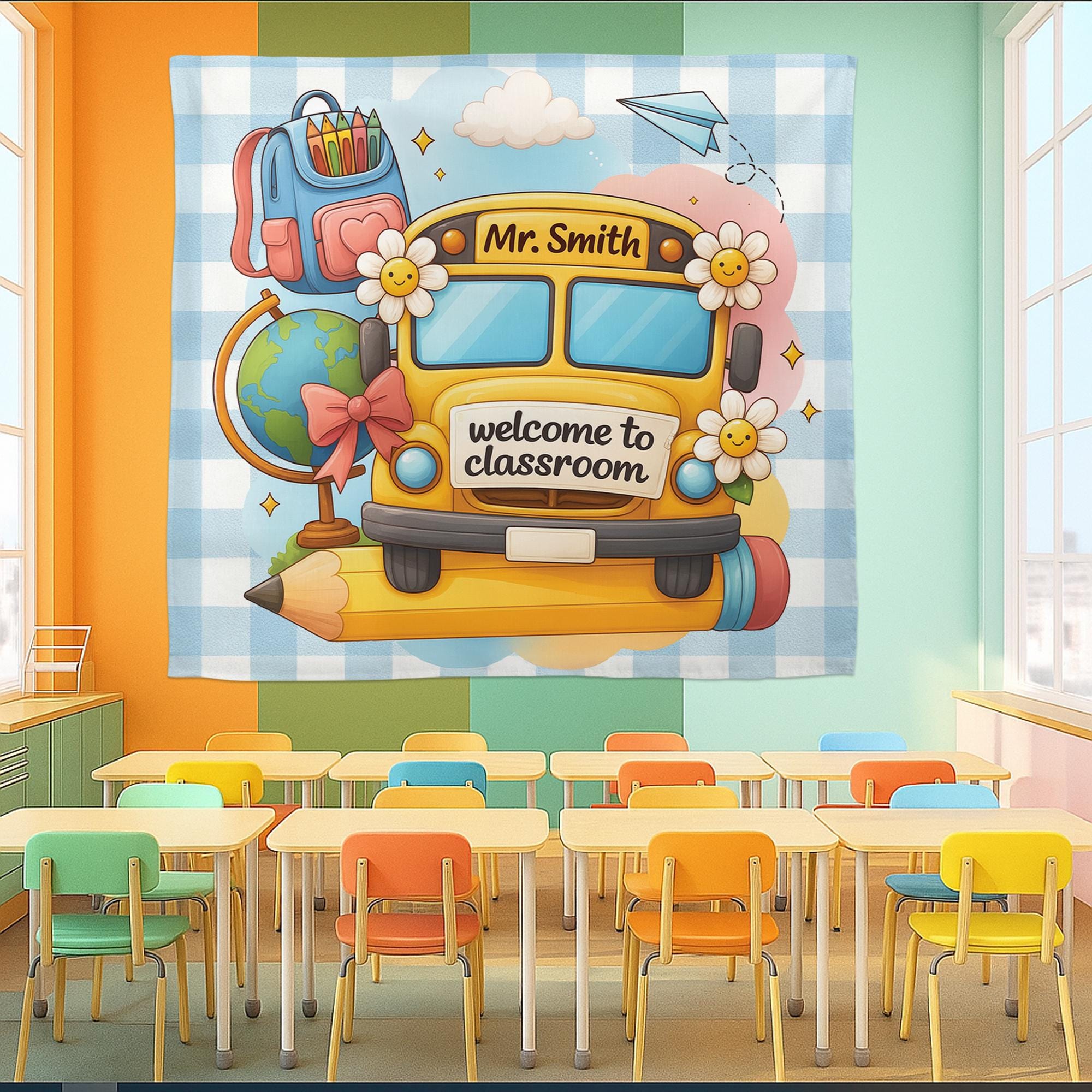 School Bus Classroom Tapestry, Personalized Teacher Wall Hanging, Back to School Classroom Decor, Custom Teacher Gift