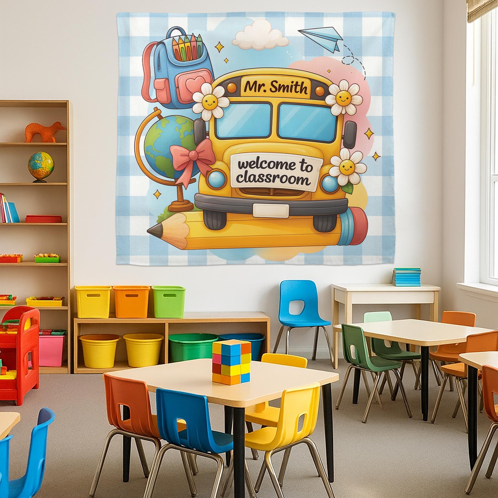 School Bus Classroom Tapestry, Personalized Teacher Wall Hanging, Back to School Classroom Decor, Custom Teacher Gift