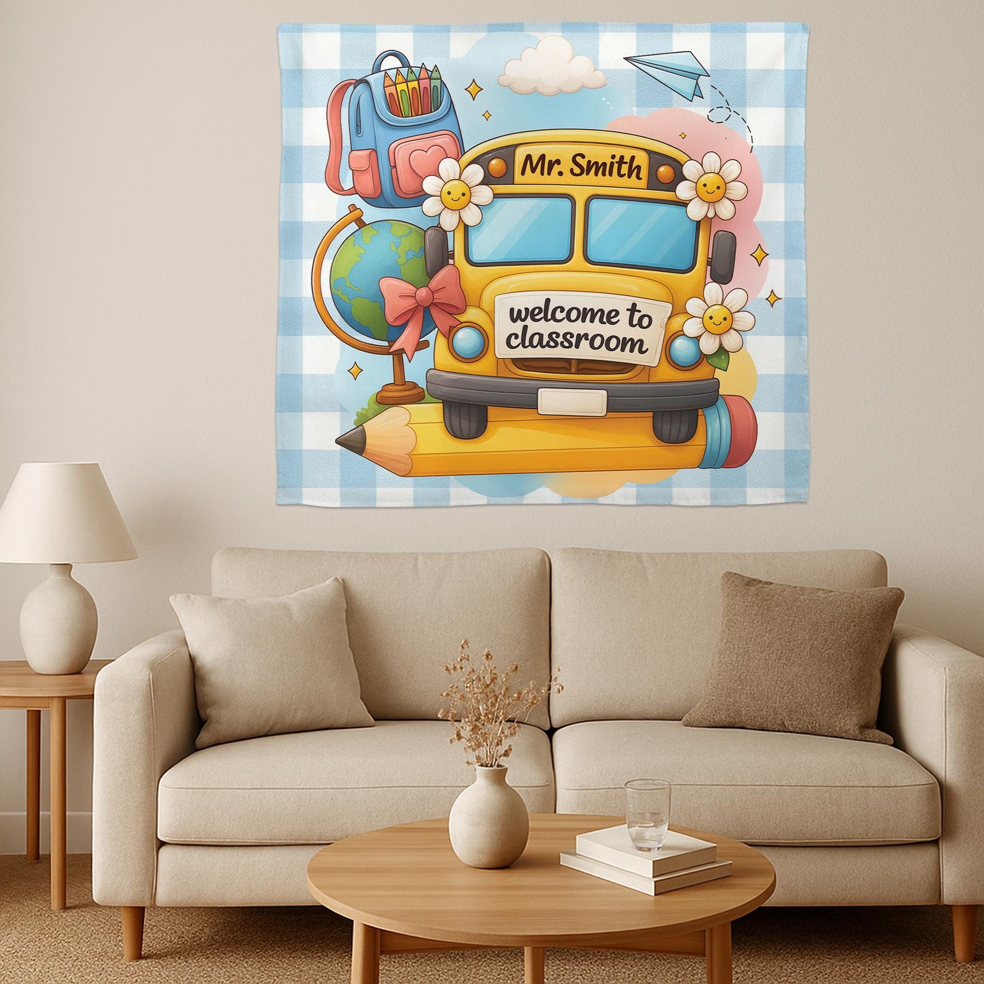 School Bus Classroom Tapestry, Personalized Teacher Wall Hanging, Back to School Classroom Decor, Custom Teacher Gift