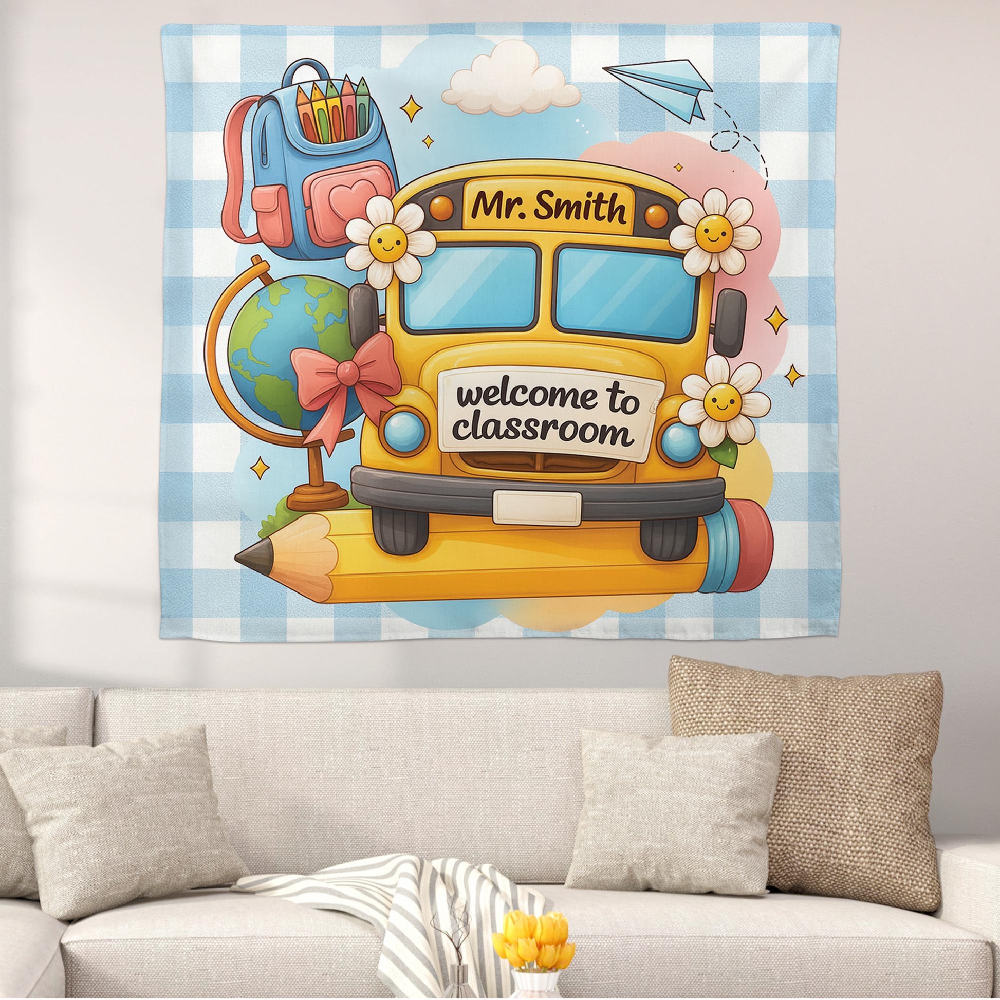 School Bus Classroom Tapestry, Personalized Teacher Wall Hanging, Back to School Classroom Decor, Custom Teacher Gift