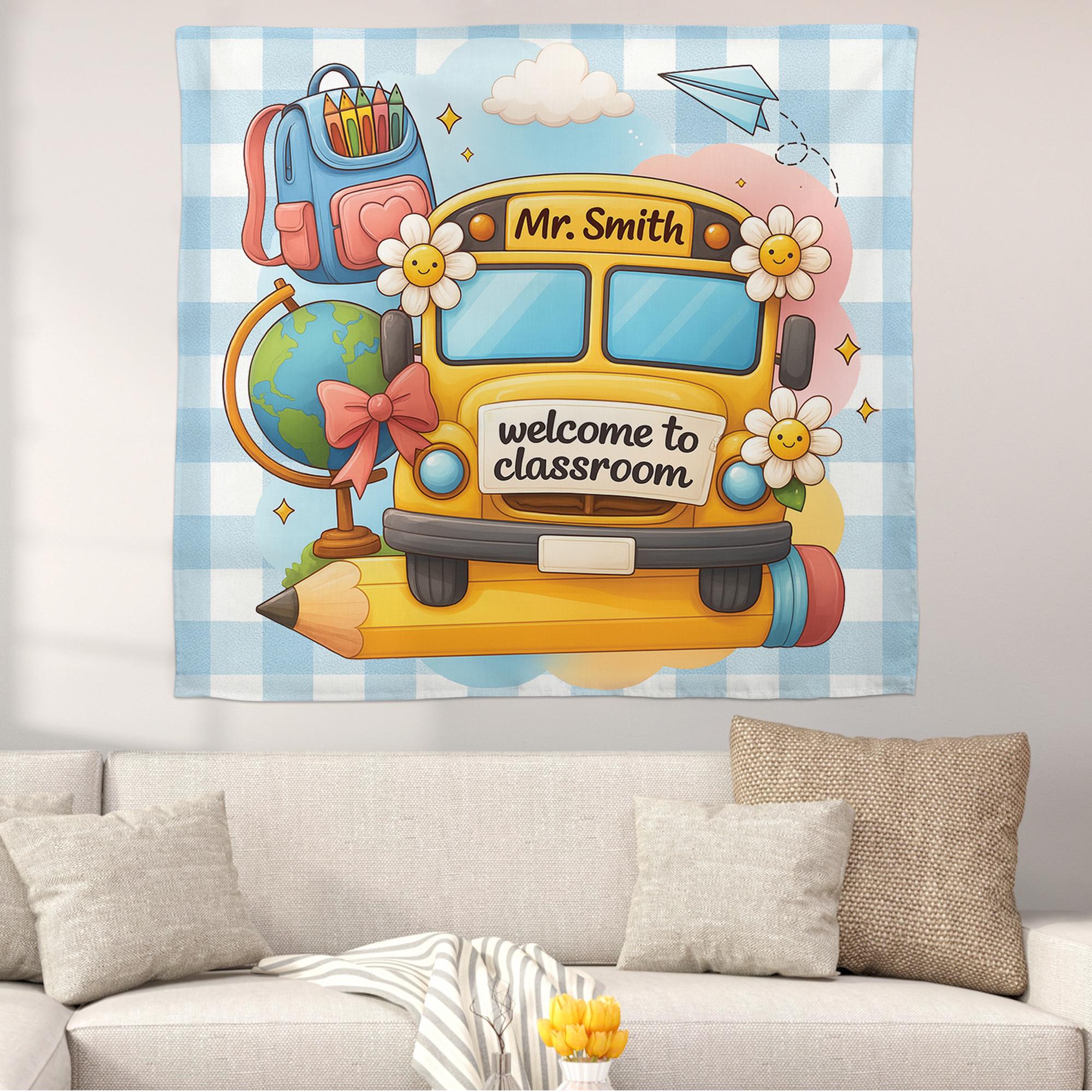 School Bus Classroom Tapestry, Personalized Teacher Wall Hanging, Back to School Classroom Decor, Custom Teacher Gift