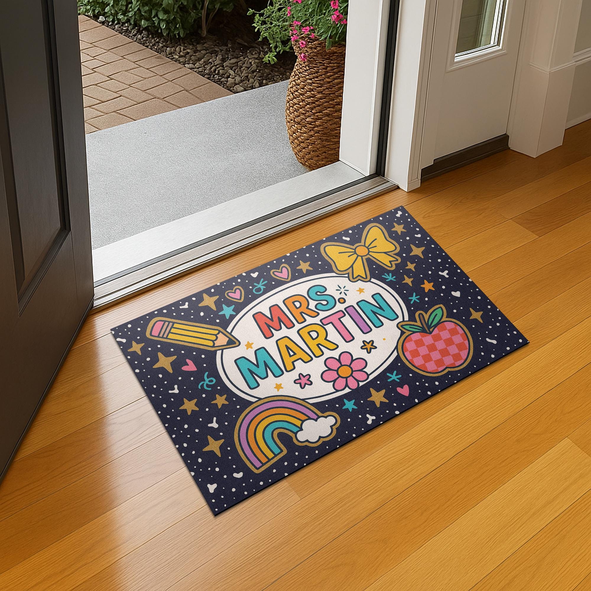 Personalized Teacher Doormat, Custom Name Classroom Welcome Mat, Cute Rainbow Apple School Entry Rug, Teacher Gift Decor
