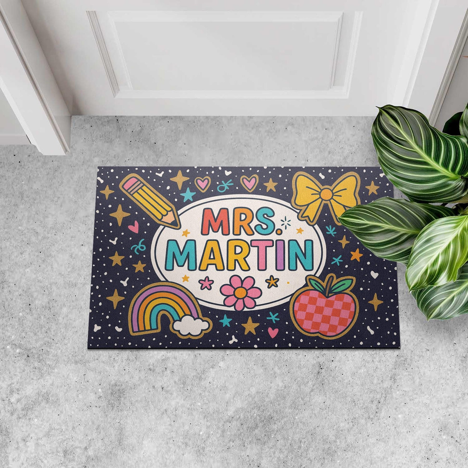 Personalized Teacher Doormat, Custom Name Classroom Welcome Mat, Cute Rainbow Apple School Entry Rug, Teacher Gift Decor