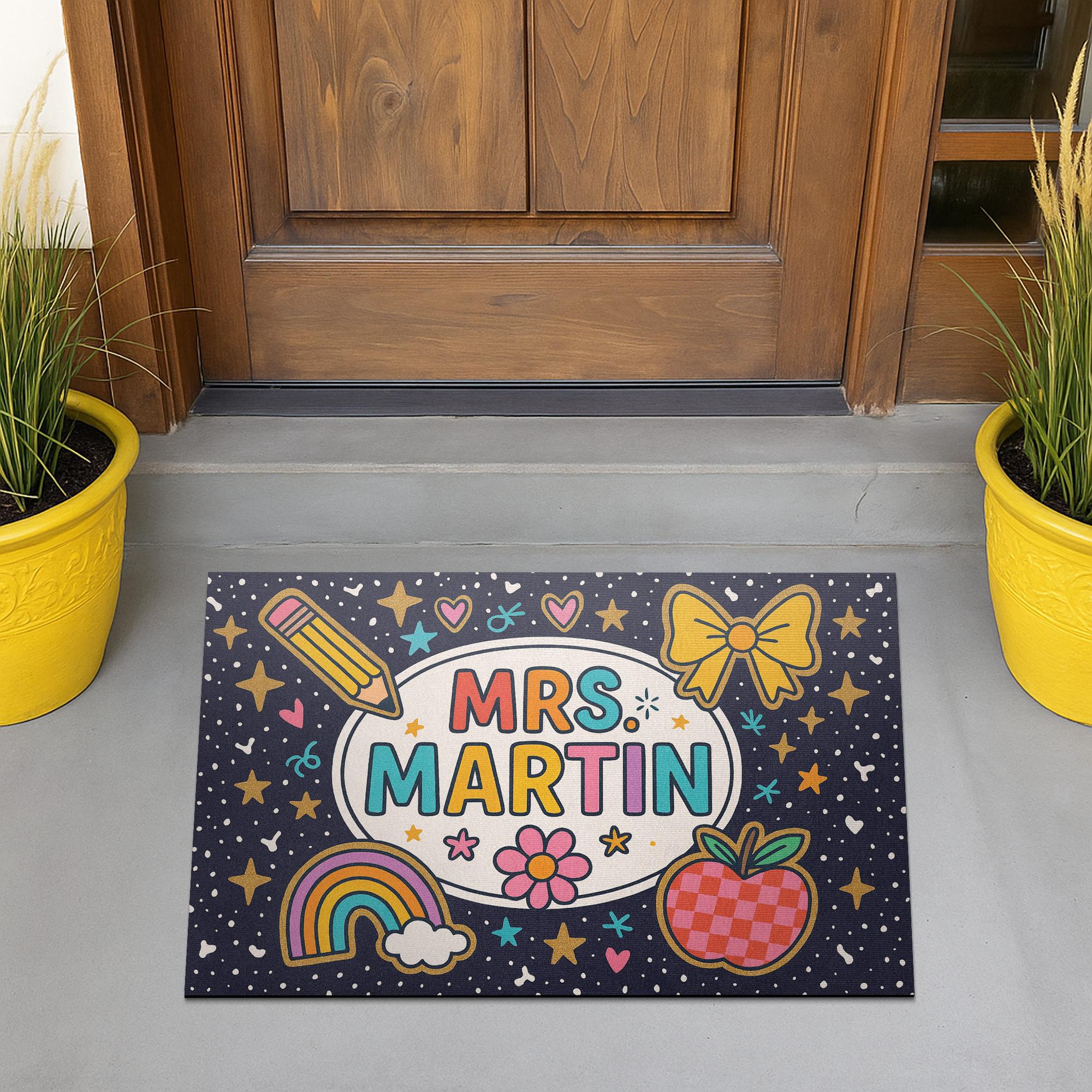 Personalized Teacher Doormat, Custom Name Classroom Welcome Mat, Cute Rainbow Apple School Entry Rug, Teacher Gift Decor
