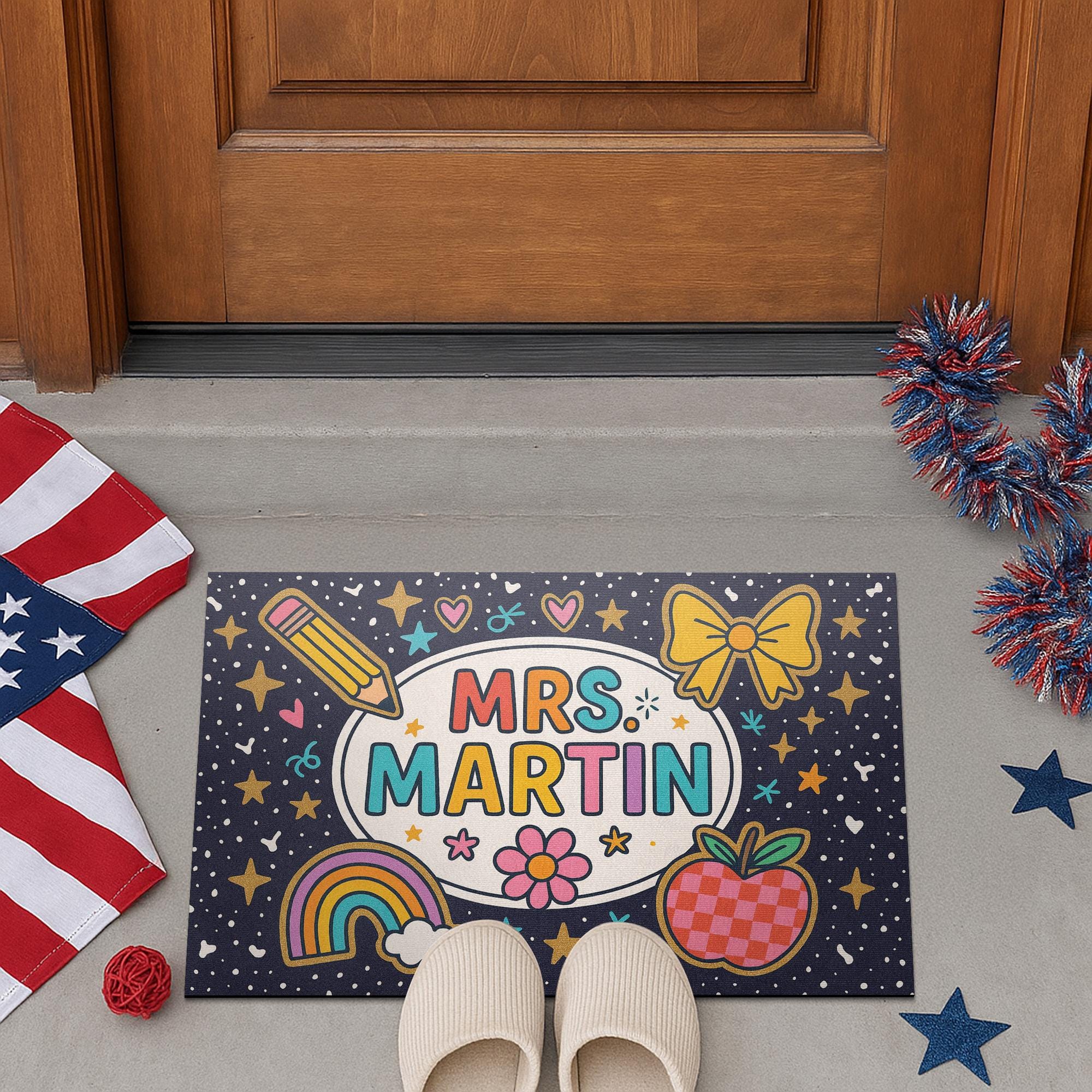 Personalized Teacher Doormat, Custom Name Classroom Welcome Mat, Cute Rainbow Apple School Entry Rug, Teacher Gift Decor