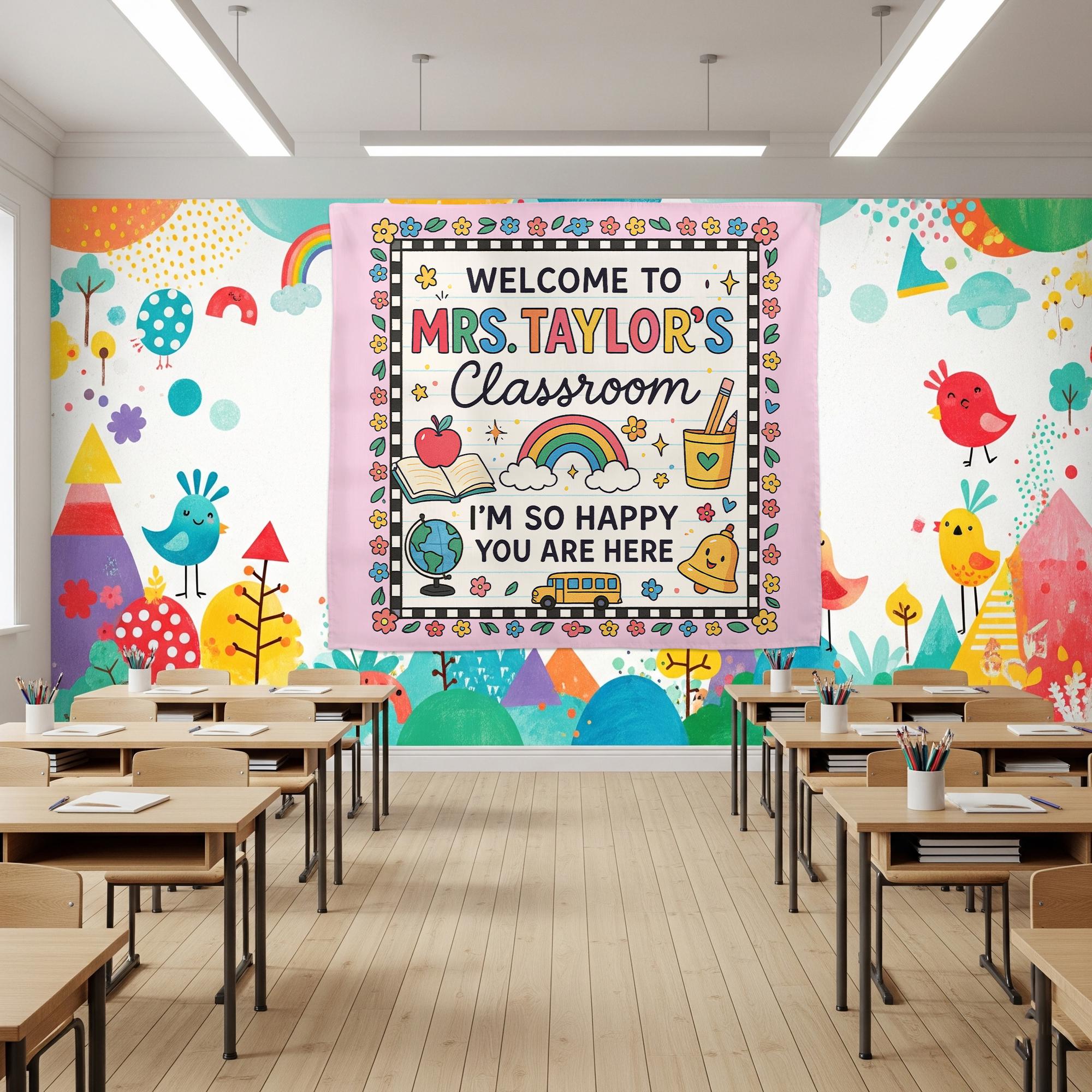 Welcome to Classroom Tapestry, Personalized Teacher Wall Hanging, Custom Name School Decor, Back to School Teacher Gift