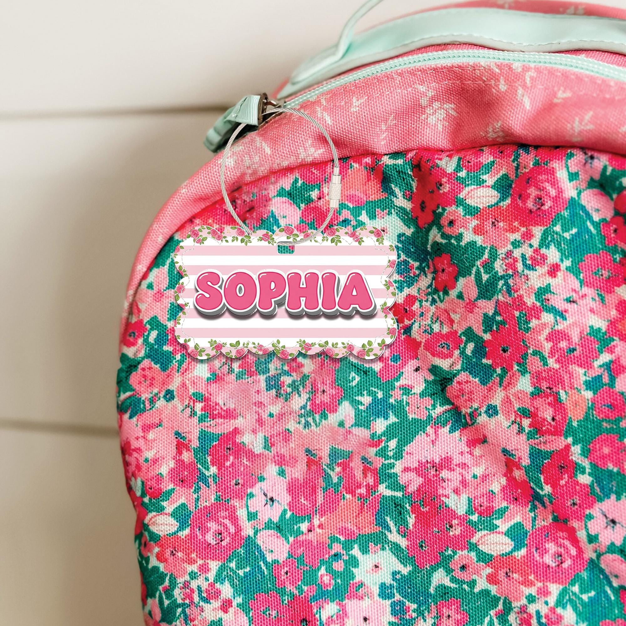 Kids Name Tag for Backpack, Personalized Floral Bag Tag, Custom Pink Luggage ID Label, School Name Tag for Girls, Cute Child ID Tag