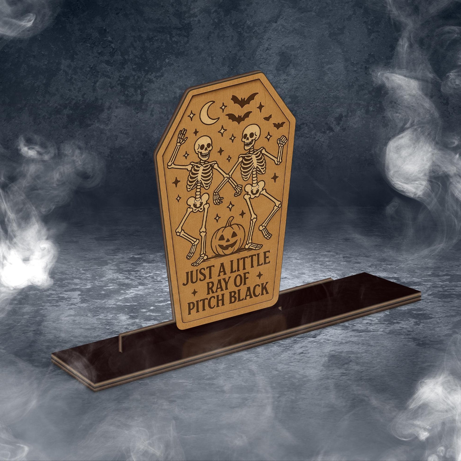 Halloween Skeleton Wood Sign – “Just a Little Ray of Pitch Black” Coffin Decor – Spooky Wooden Standee for Goth & Witchy Home Decor