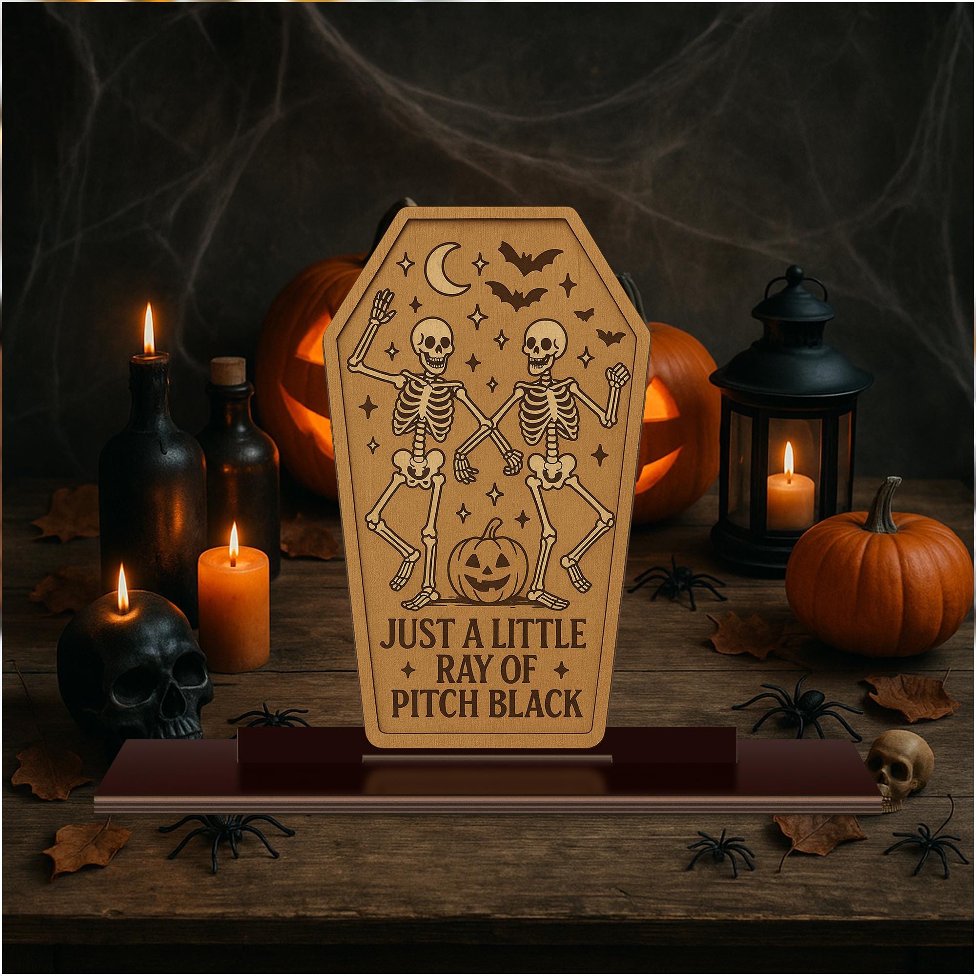 Halloween Skeleton Wood Sign – “Just a Little Ray of Pitch Black” Coffin Decor – Spooky Wooden Standee for Goth & Witchy Home Decor