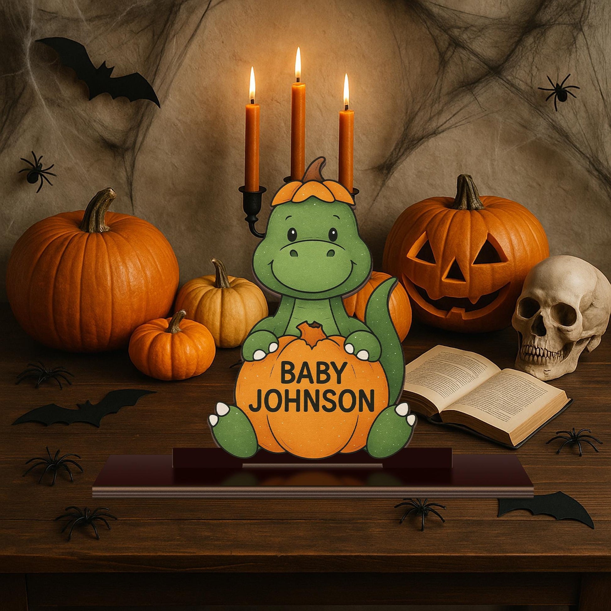 Personalized Fall Baby Name Sign – Cute Dinosaur Pumpkin Wood Standee – Autumn Baby Shower Gift or Newborn Nursery Decor