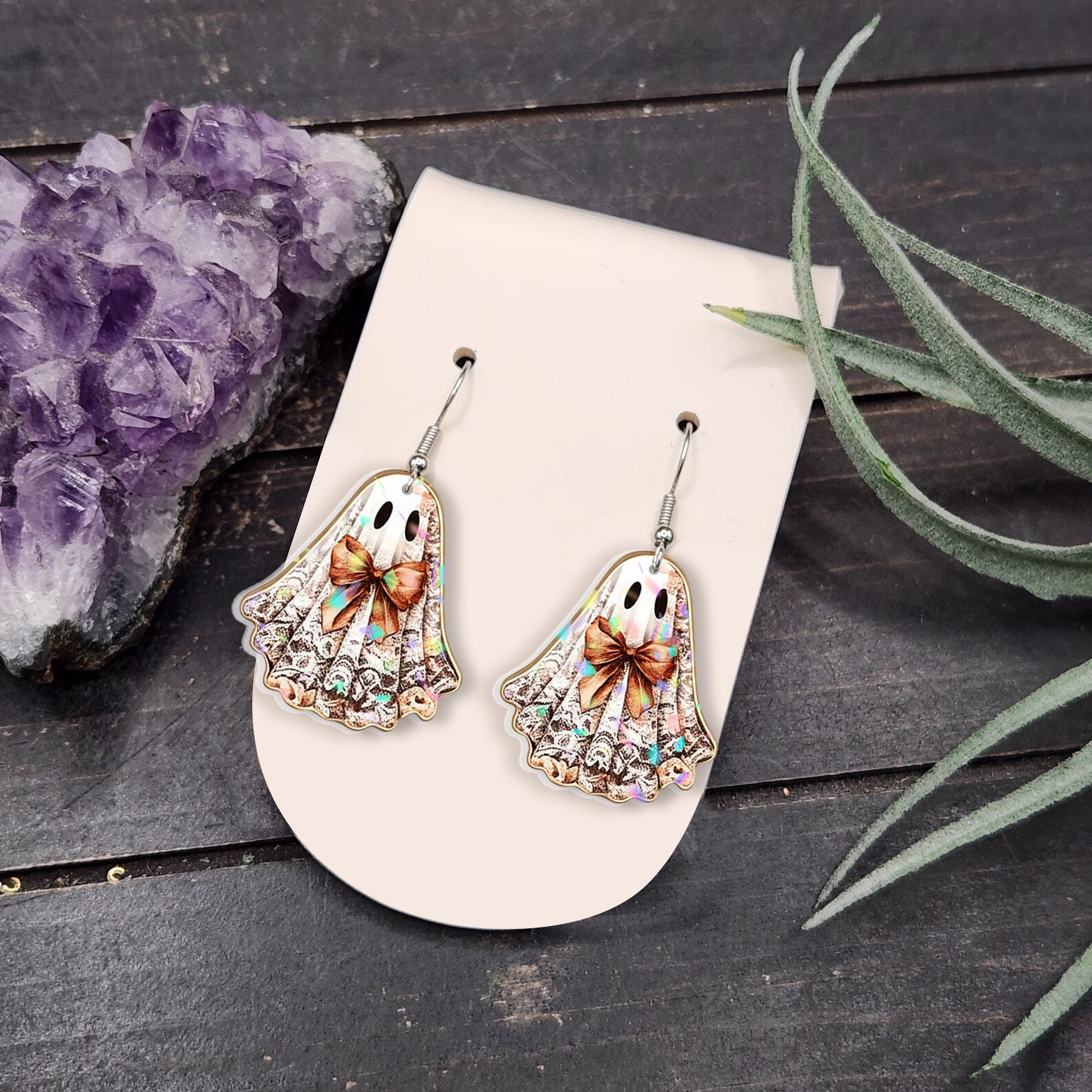 Ghost Bow Holographic Earrings, Halloween Ghost Jewelry, Kawaii Fall Earrings, Iridescent Ghost Dangle Earrings for Women