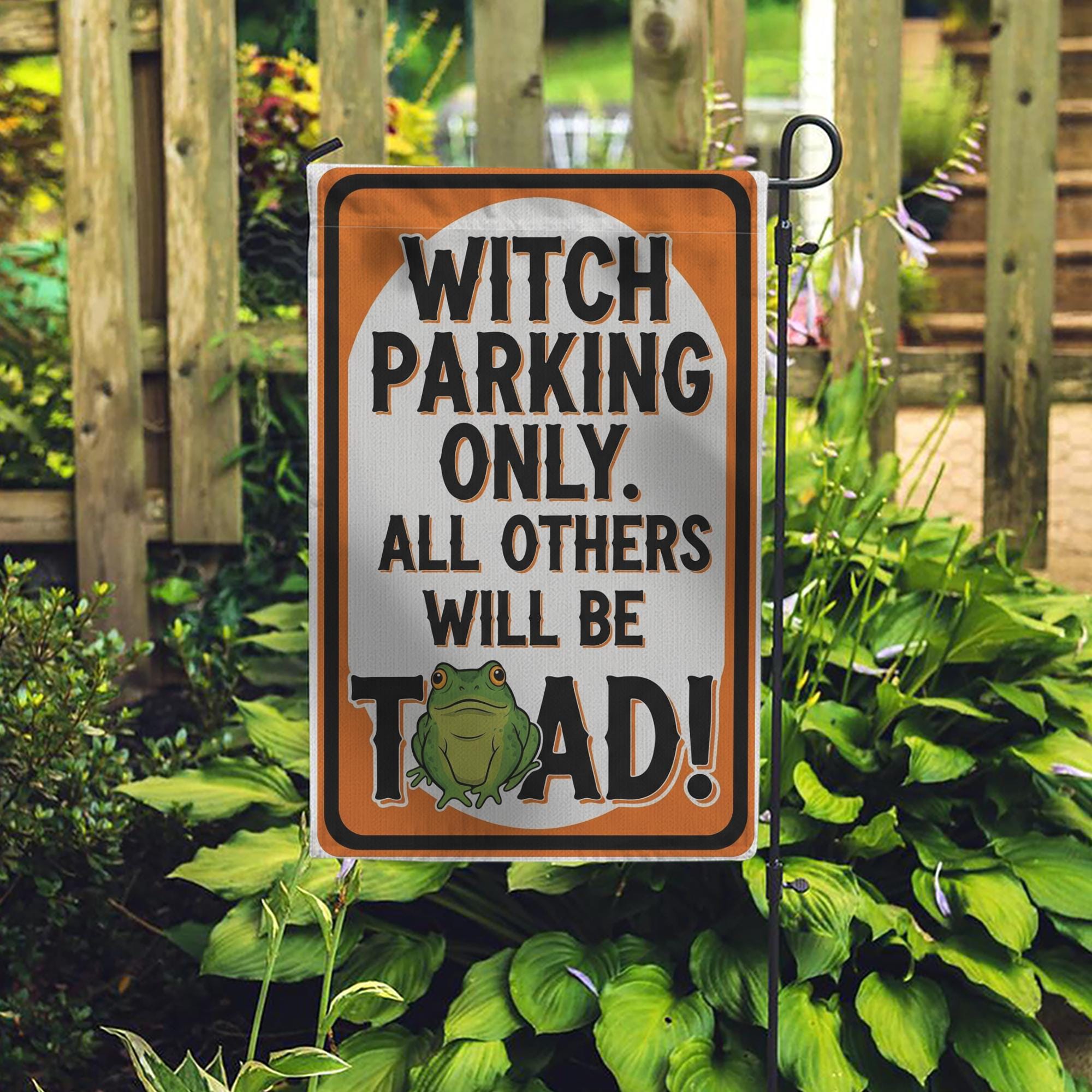 Witch Parking Only Garden Flag – Funny Halloween Toad Yard Sign, Spooky Witch Decor, Outdoor Halloween Porch Flag