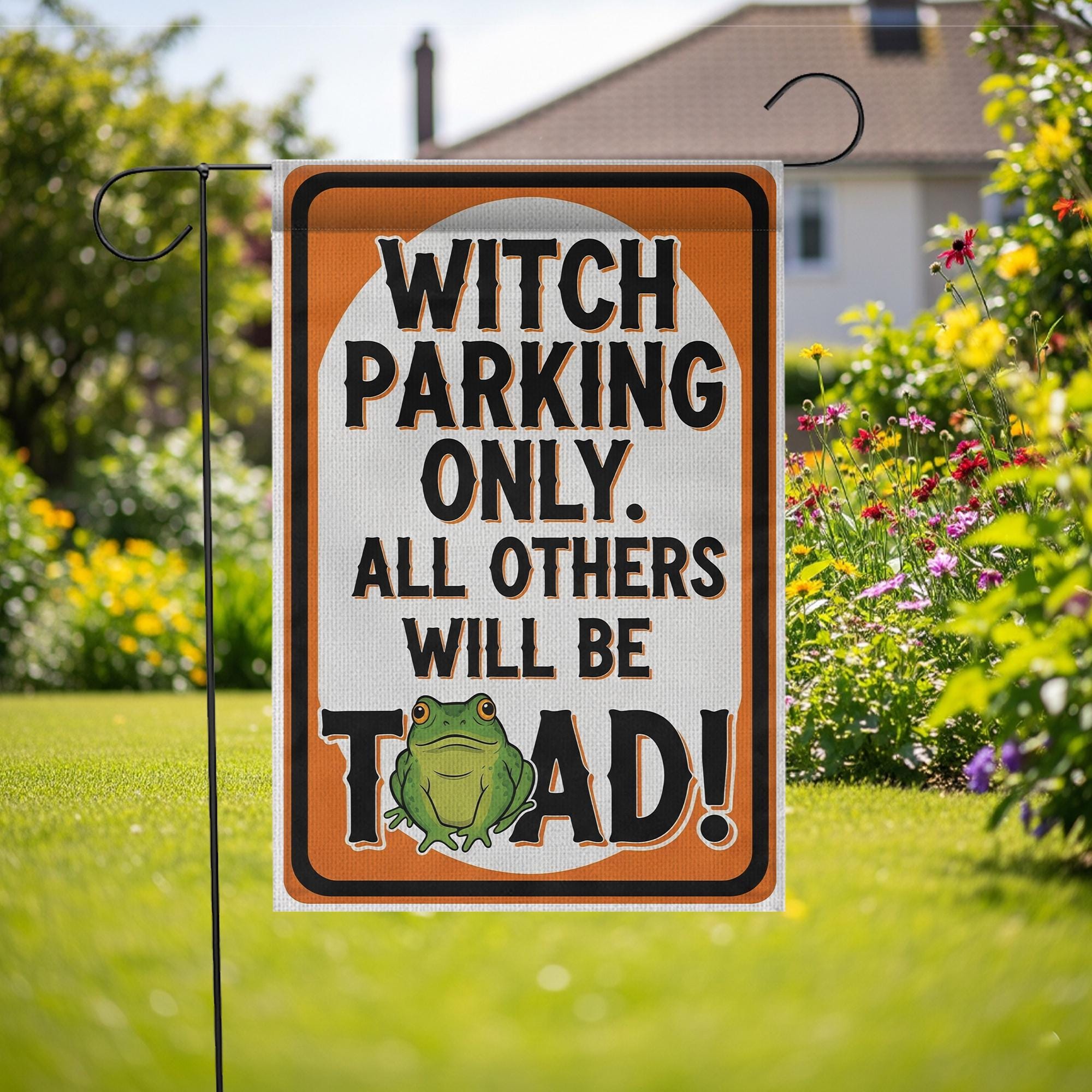 Witch Parking Only Garden Flag – Funny Halloween Toad Yard Sign, Spooky Witch Decor, Outdoor Halloween Porch Flag