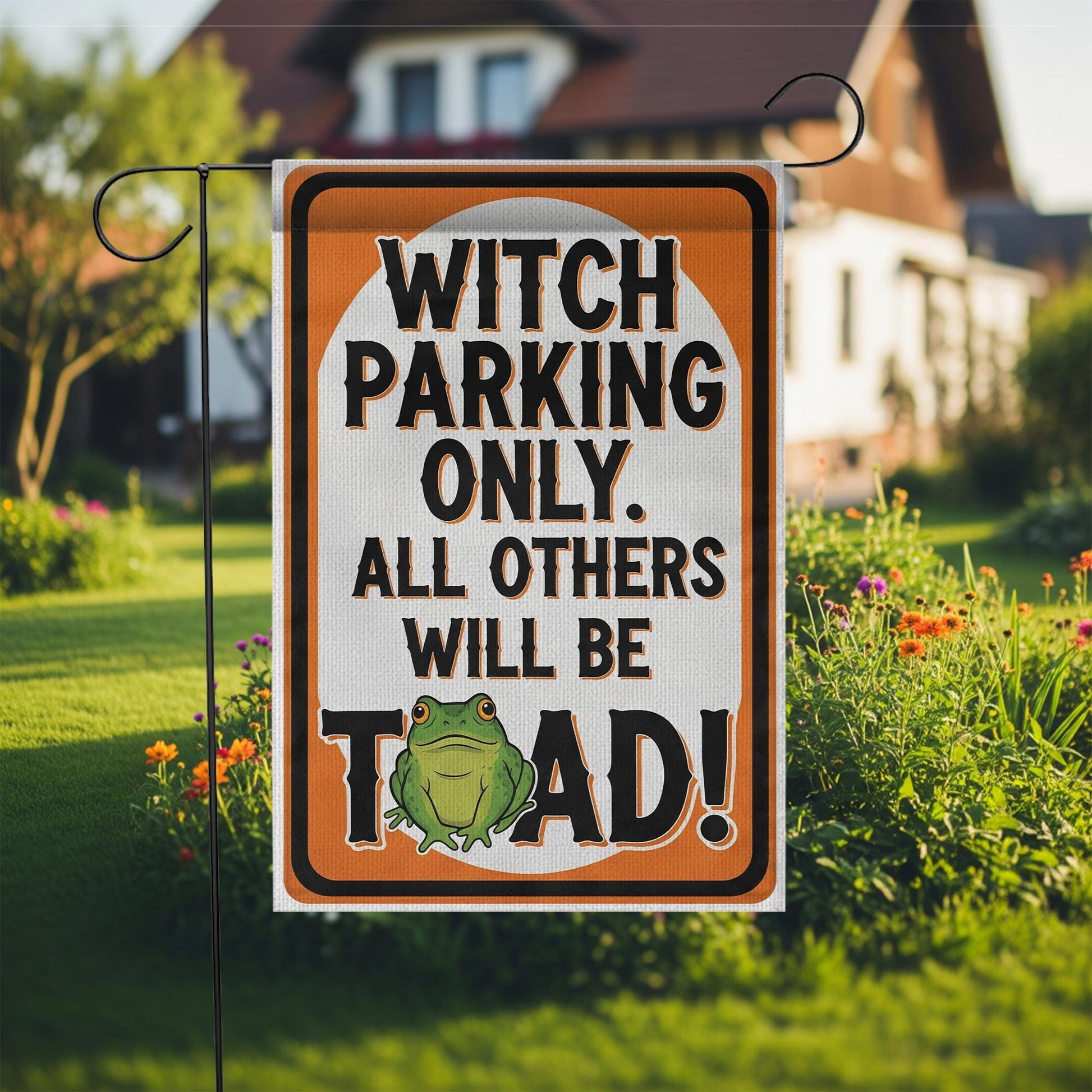 Witch Parking Only Garden Flag – Funny Halloween Toad Yard Sign, Spooky Witch Decor, Outdoor Halloween Porch Flag