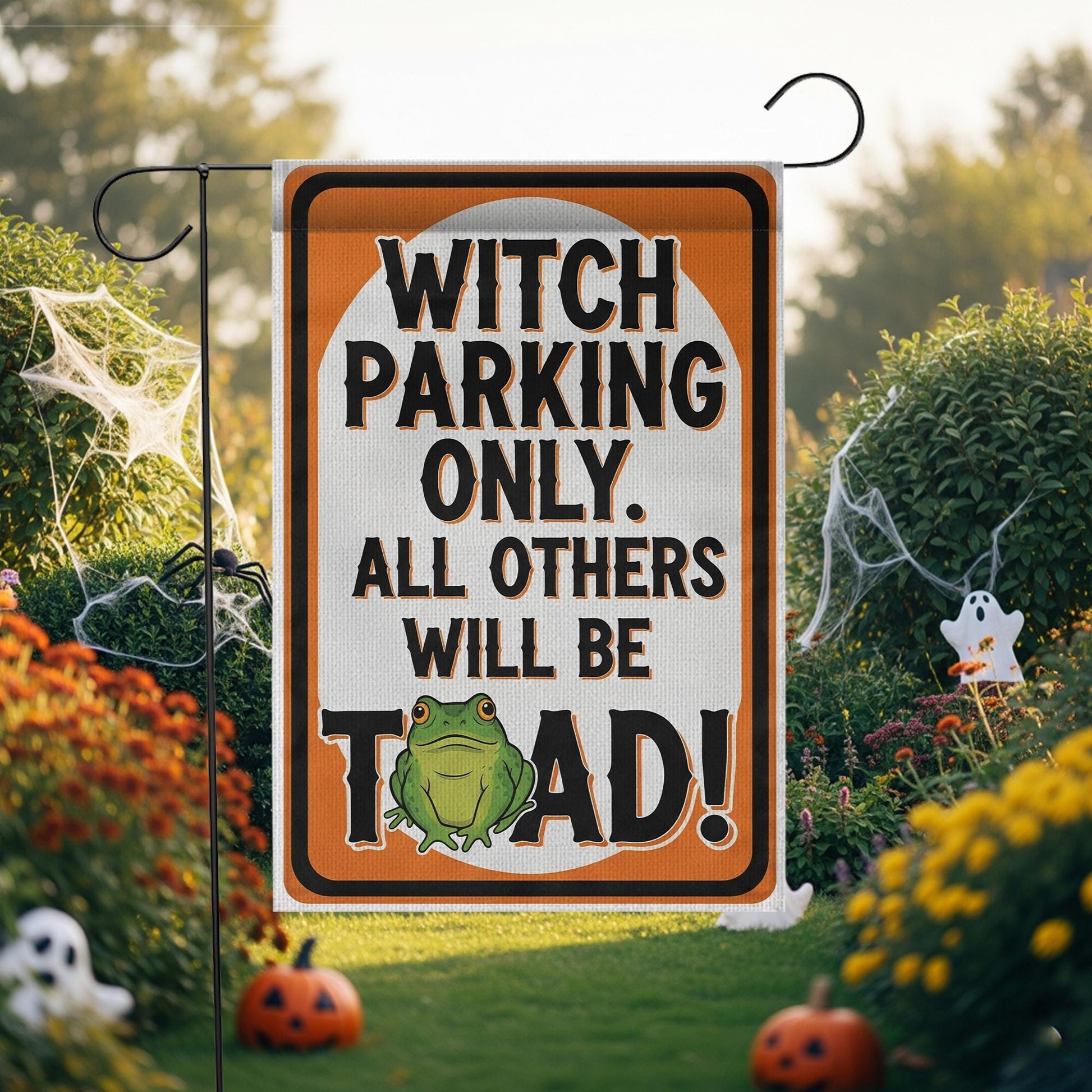 Witch Parking Only Garden Flag – Funny Halloween Toad Yard Sign, Spooky Witch Decor, Outdoor Halloween Porch Flag