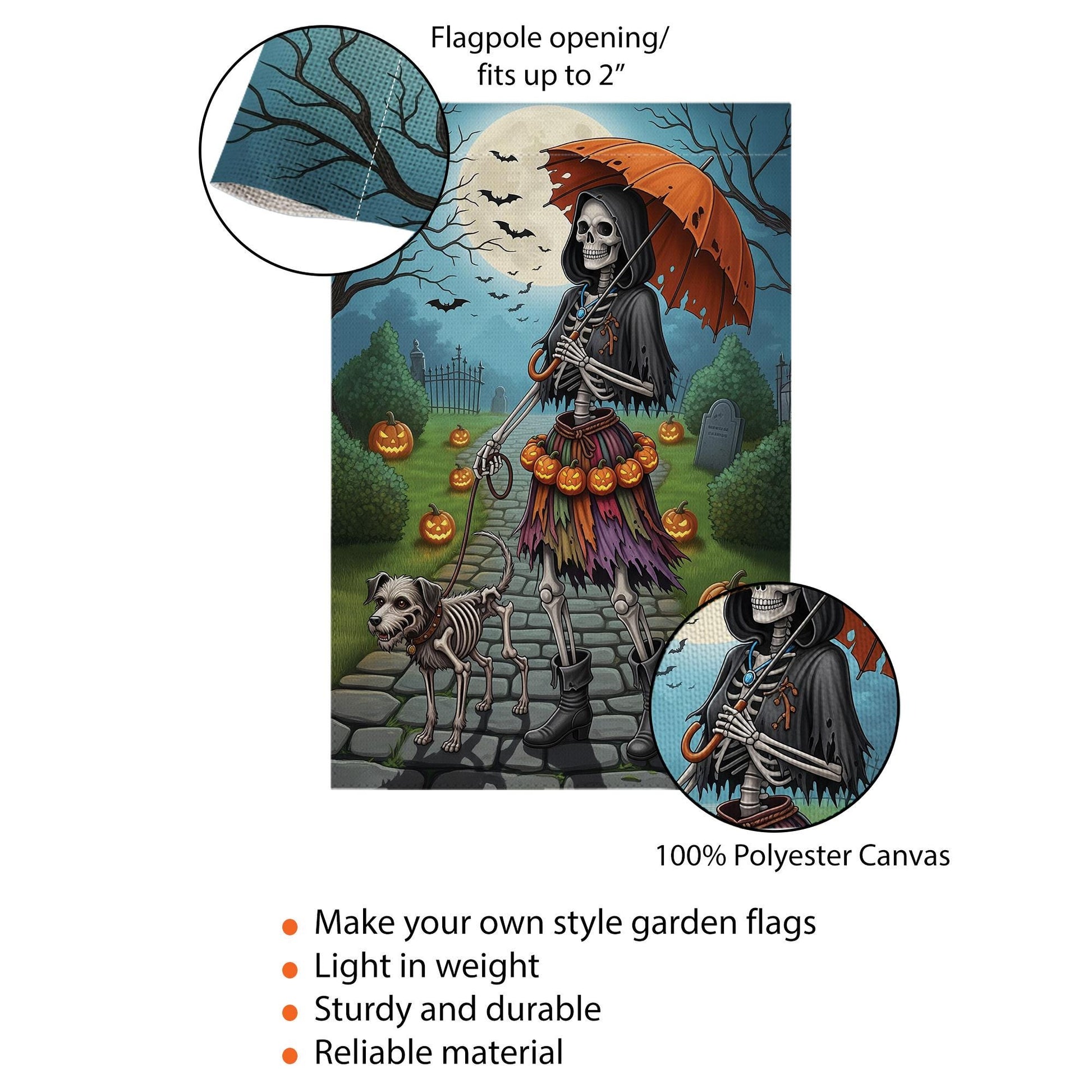 Skeleton Walking Dog Halloween Garden Flag – Spooky Skeleton Dog Yard Decor, Creepy Pumpkin Graveyard Outdoor Flag