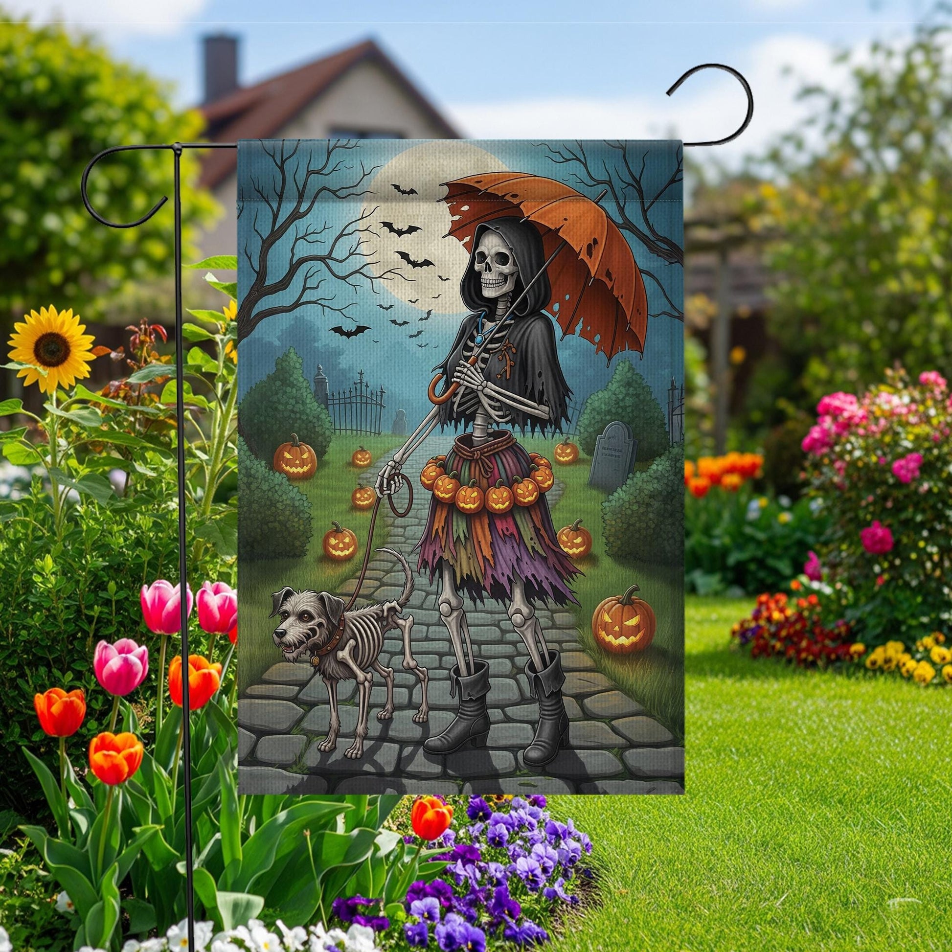 Skeleton Walking Dog Halloween Garden Flag – Spooky Skeleton Dog Yard Decor, Creepy Pumpkin Graveyard Outdoor Flag