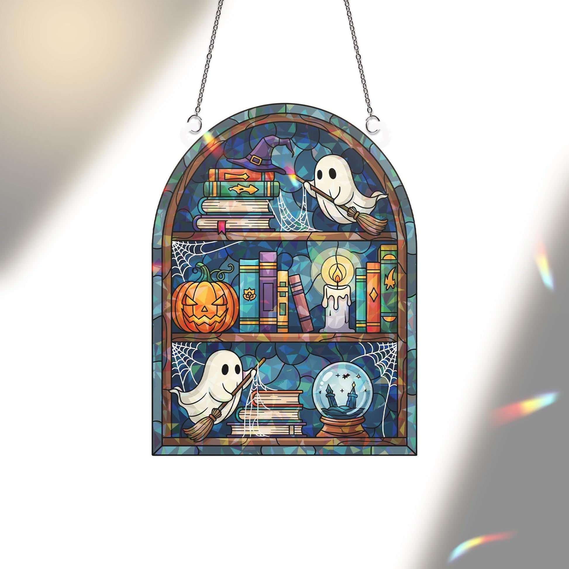 Holographic Ghost Bookshelf Window Hanging – Halloween Books & Pumpkin Sun Catcher, Spooky Witchy Library Prism Decor