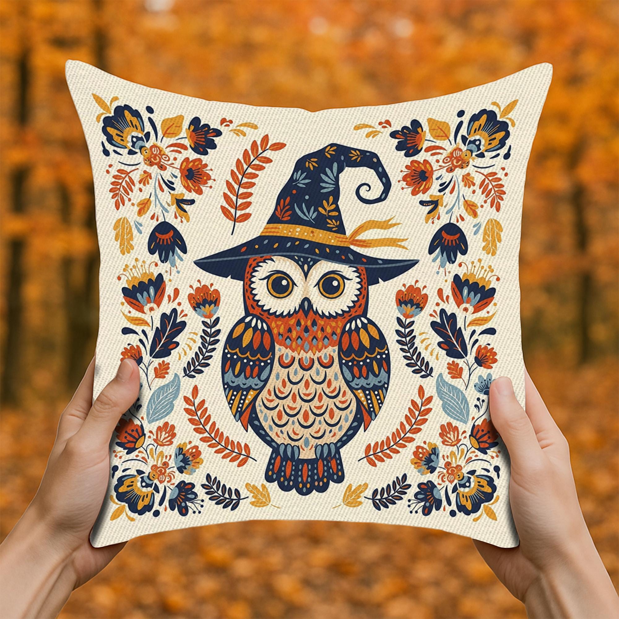 Halloween Owl Witch Pillow Cover – Rectangular Throw Cushion with Witch Hat Owl, Floral & Magical Fall Decor