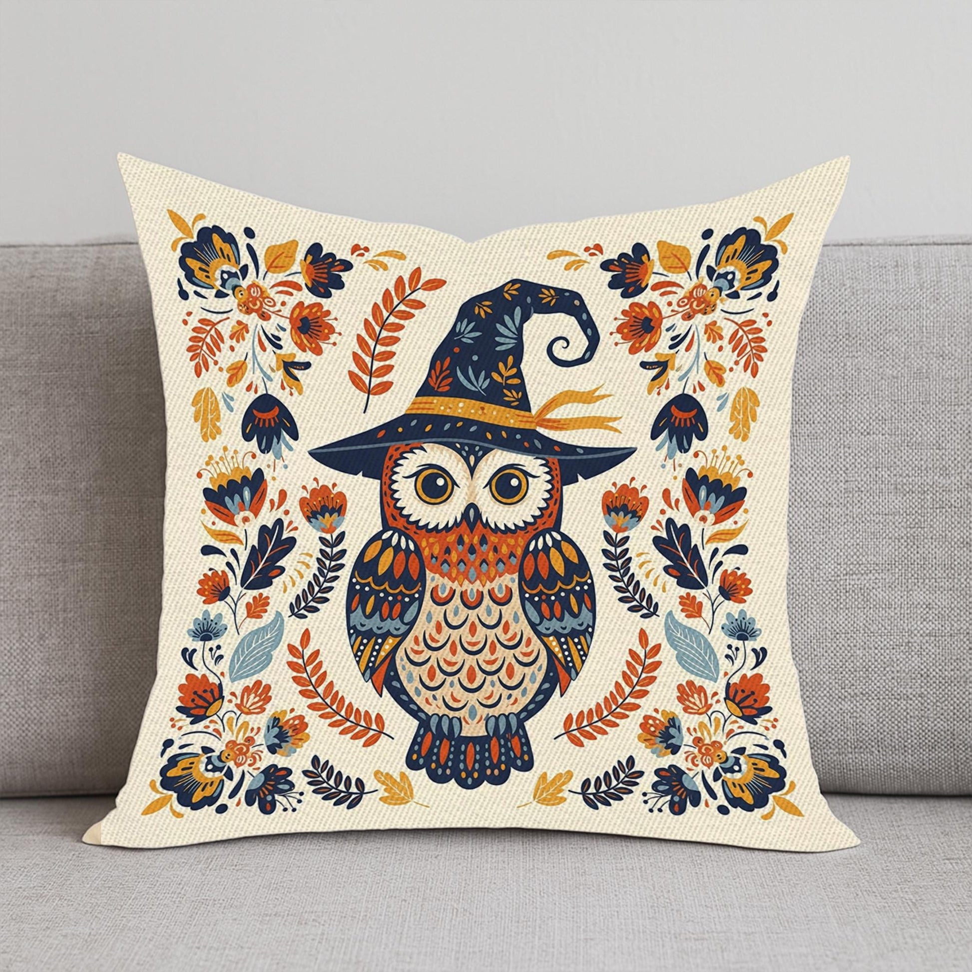 Halloween Owl Witch Pillow Cover – Rectangular Throw Cushion with Witch Hat Owl, Floral & Magical Fall Decor