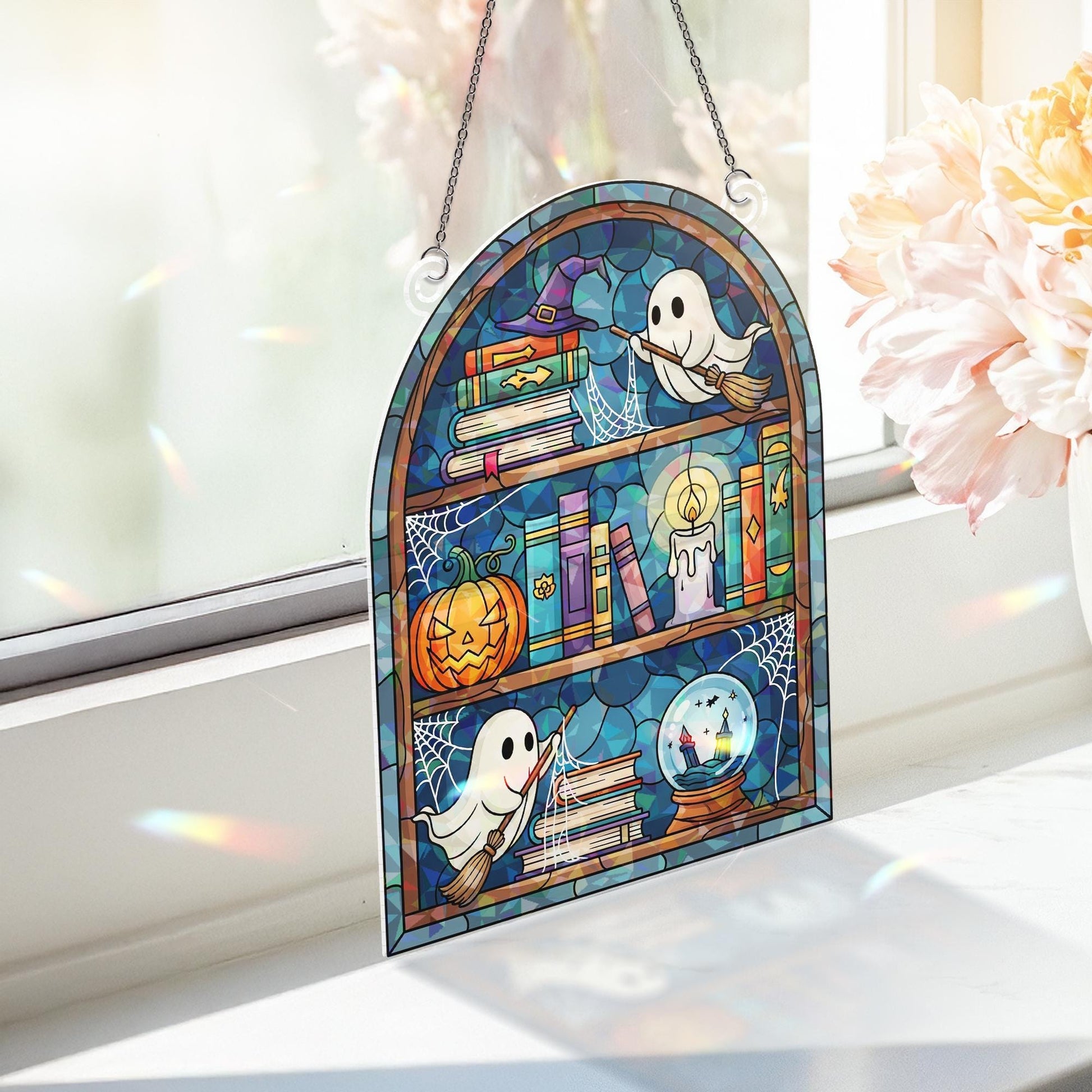 Holographic Ghost Bookshelf Window Hanging – Halloween Books & Pumpkin Sun Catcher, Spooky Witchy Library Prism Decor