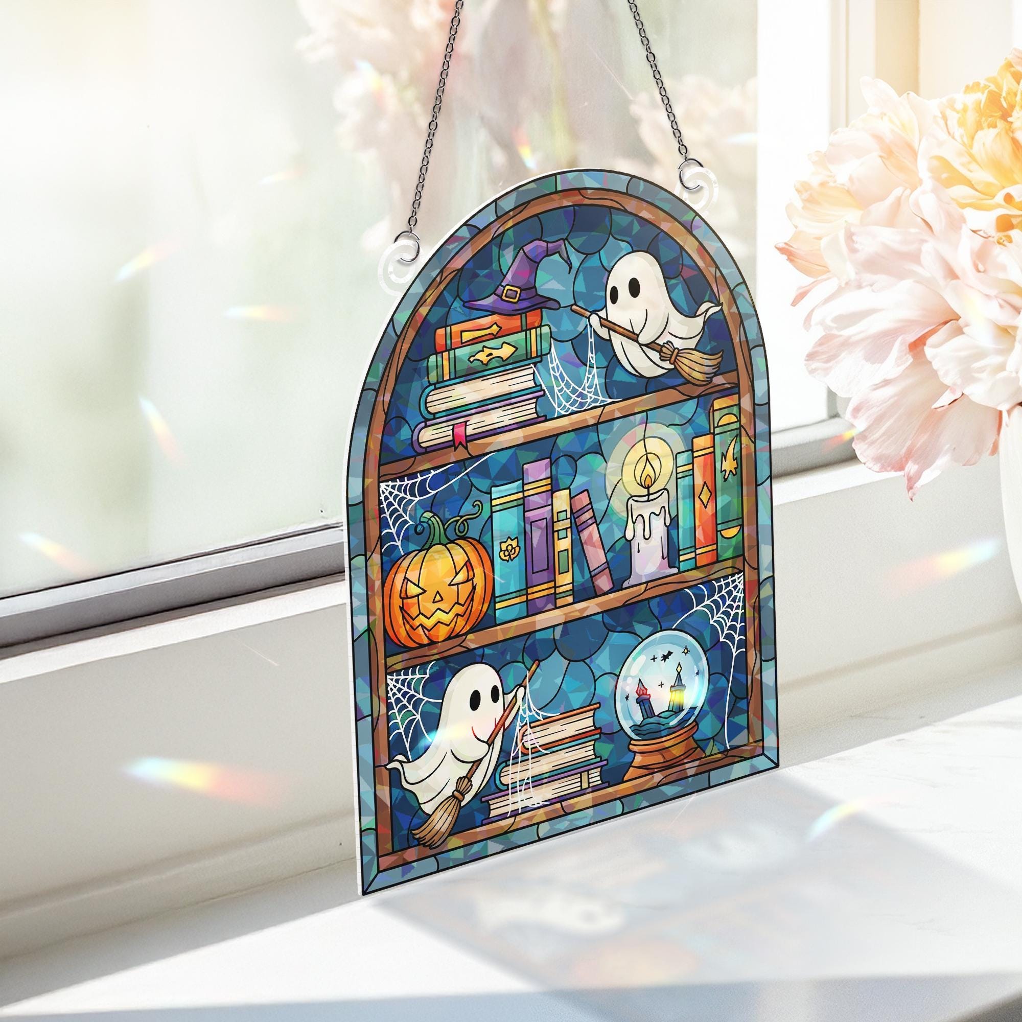 Holographic Ghost Bookshelf Window Hanging – Halloween Books & Pumpkin Sun Catcher, Spooky Witchy Library Prism Decor