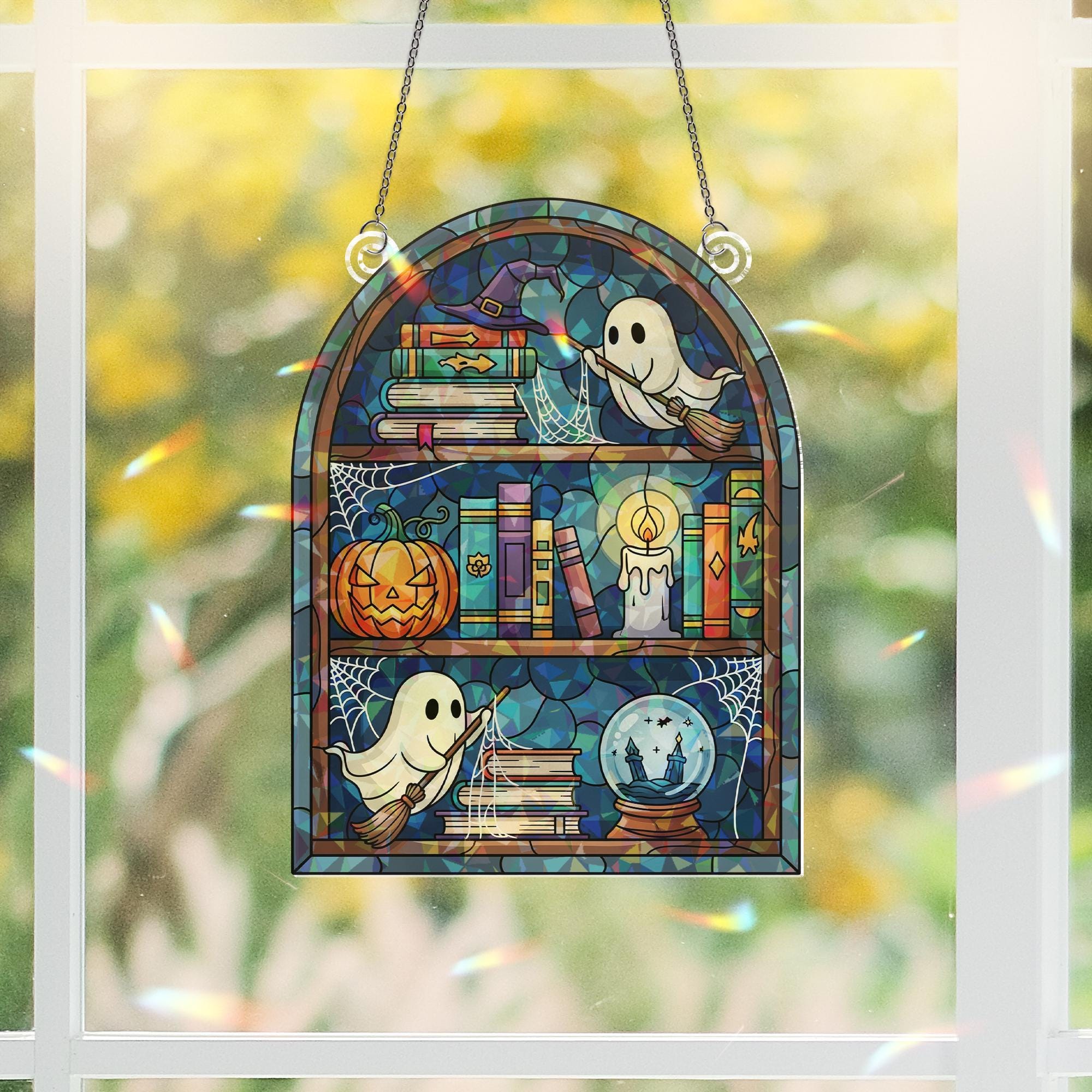 Holographic Ghost Bookshelf Window Hanging – Halloween Books & Pumpkin Sun Catcher, Spooky Witchy Library Prism Decor