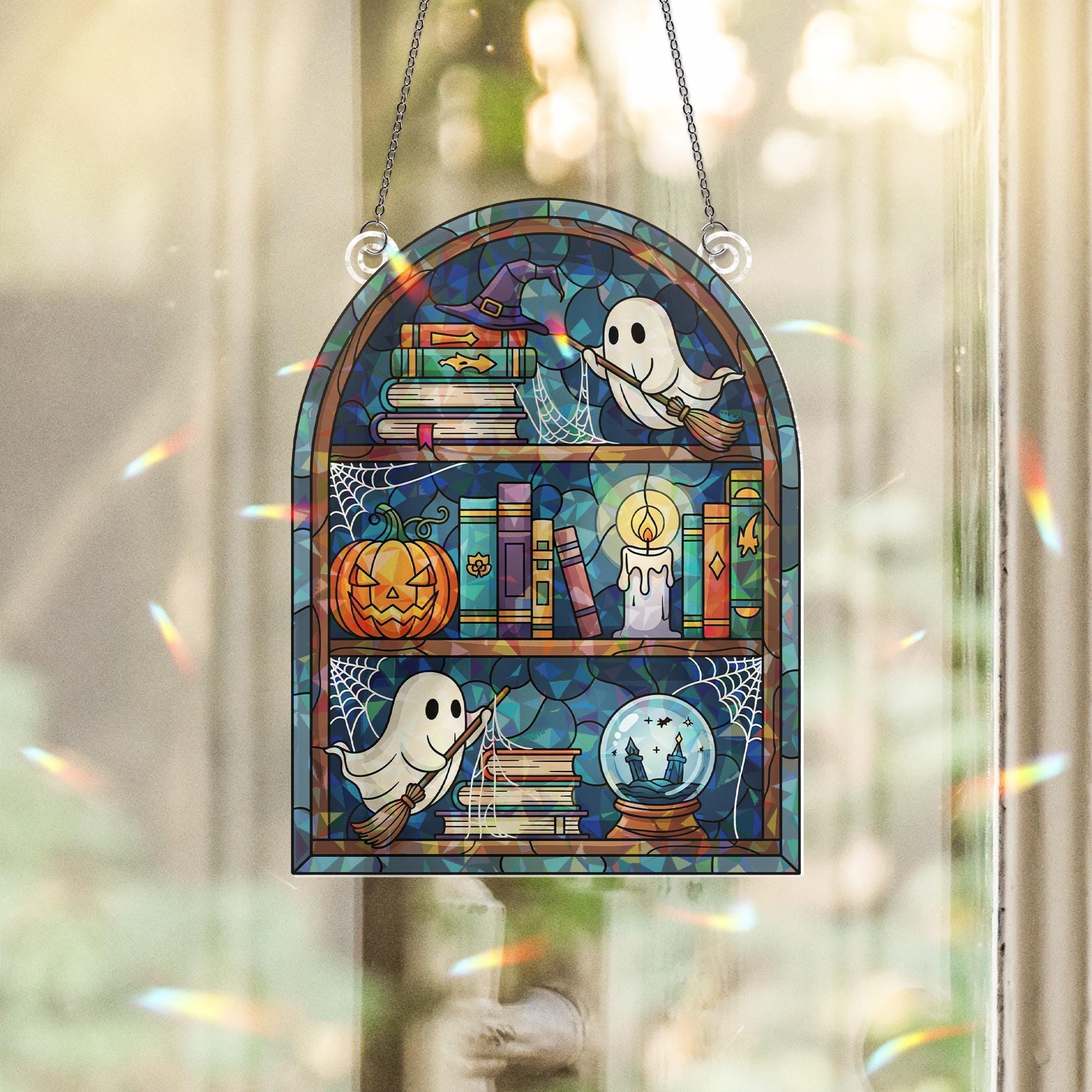 Holographic Ghost Bookshelf Window Hanging – Halloween Books & Pumpkin Sun Catcher, Spooky Witchy Library Prism Decor