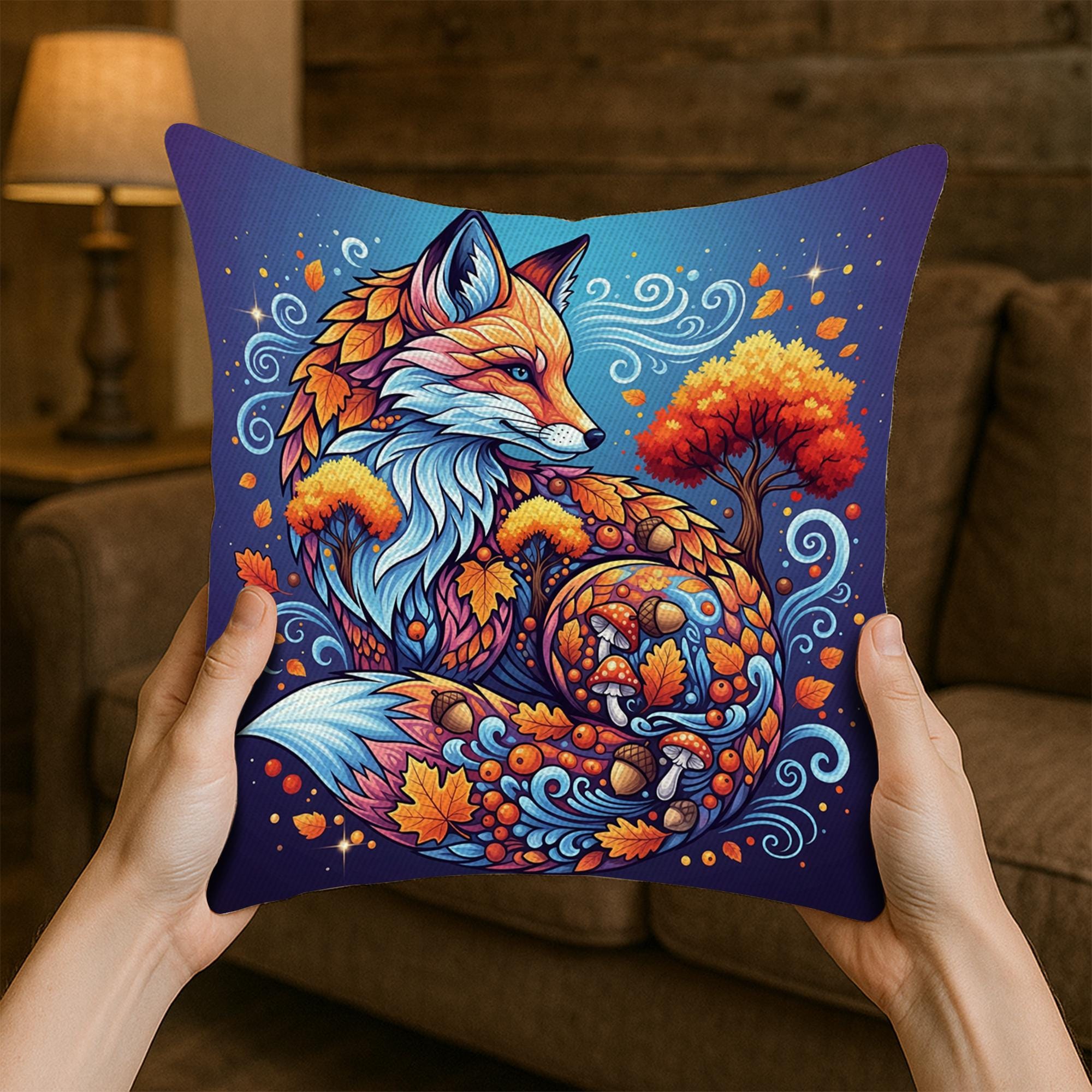 Autumn Fox Mandala Pillow – Fall Fox Cushion Cover with Leaves, Mushrooms & Swirls, Rustic Boho Forest Decor