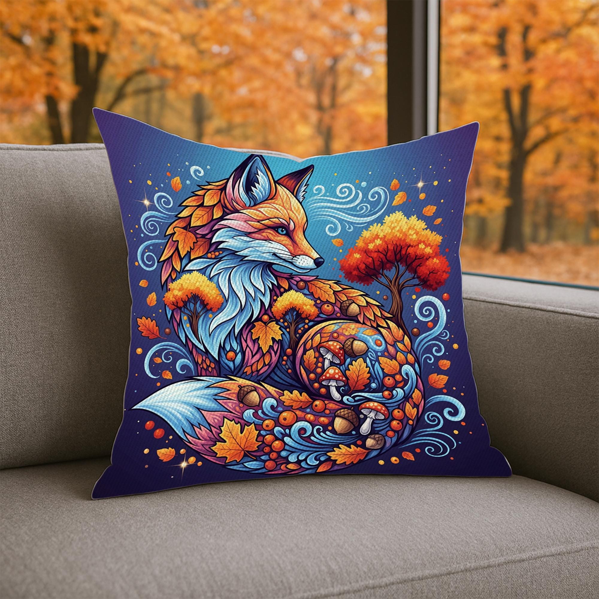 Autumn Fox Mandala Pillow – Fall Fox Cushion Cover with Leaves, Mushrooms & Swirls, Rustic Boho Forest Decor