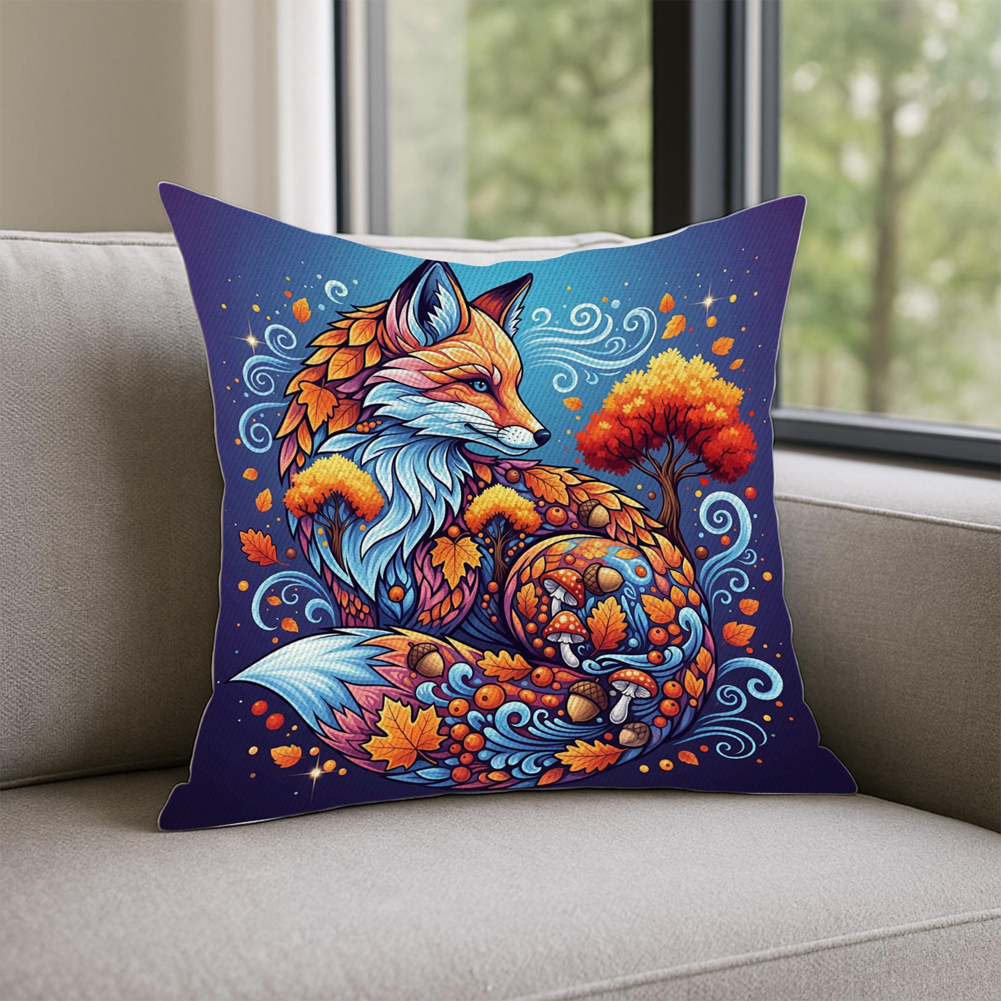 Autumn Fox Mandala Pillow – Fall Fox Cushion Cover with Leaves, Mushrooms & Swirls, Rustic Boho Forest Decor