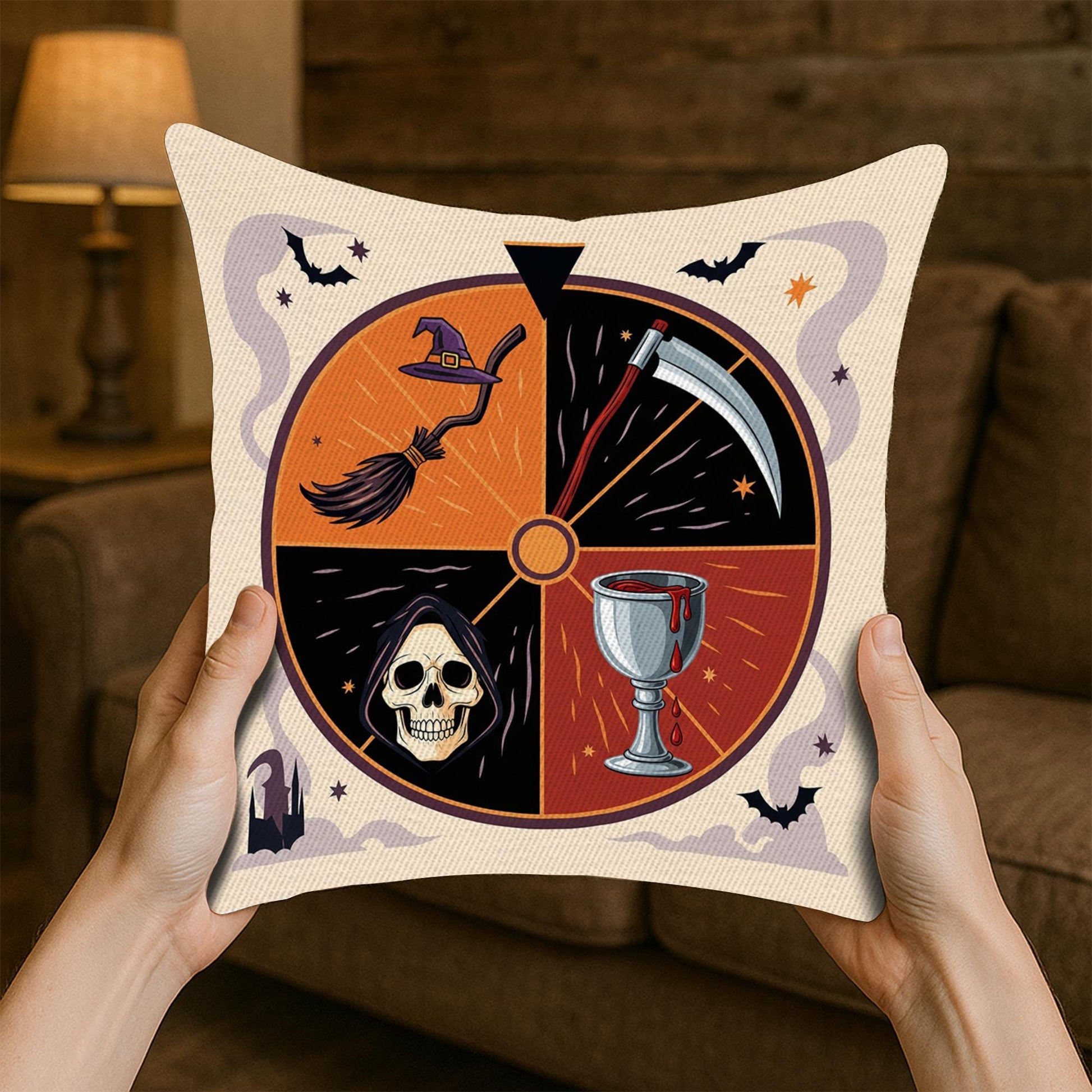 Spooky Tarot Wheel Pillow – Grim Reaper Scythe, Skull & Goblet Design for Halloween Decor
