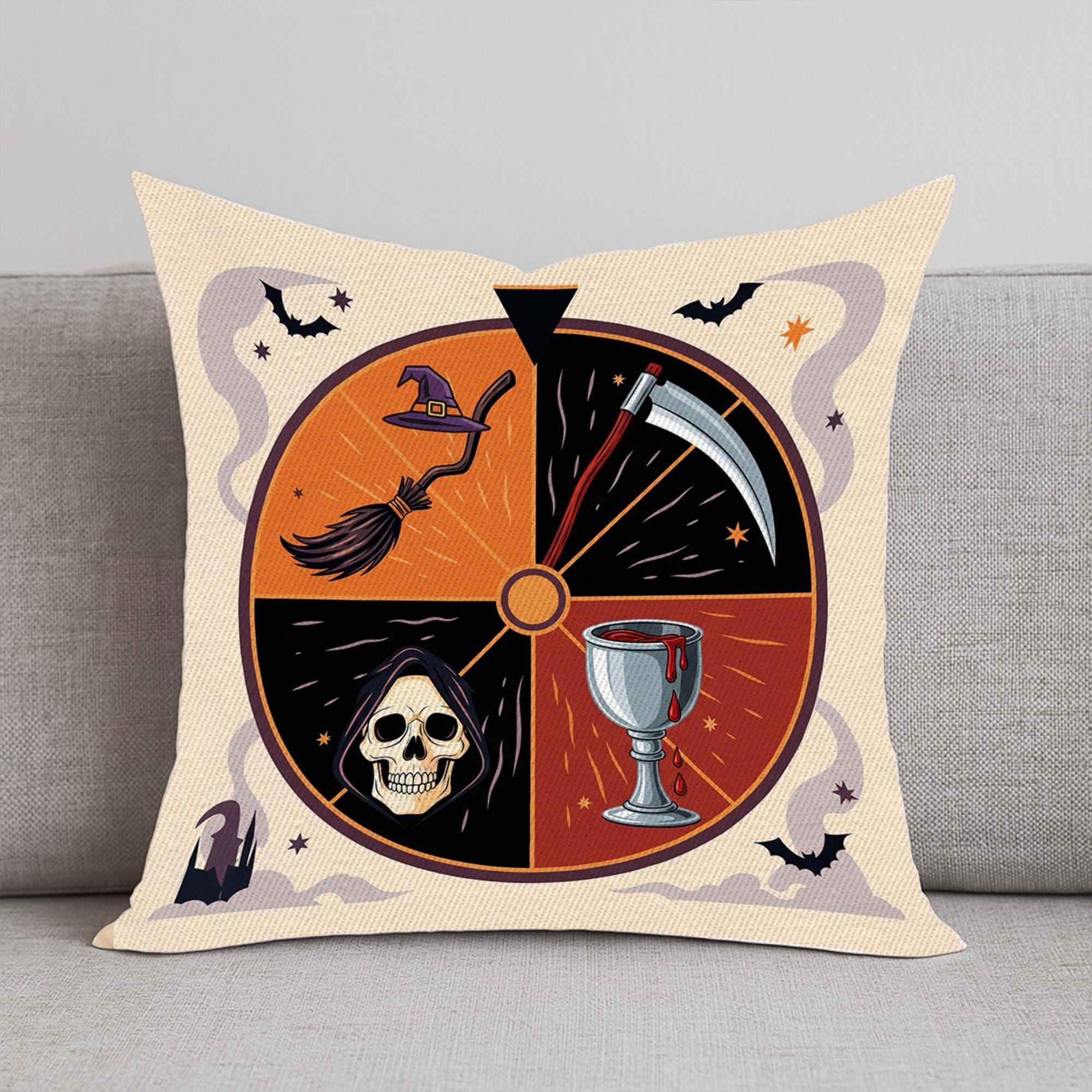 Spooky Tarot Wheel Pillow – Grim Reaper Scythe, Skull & Goblet Design for Halloween Decor