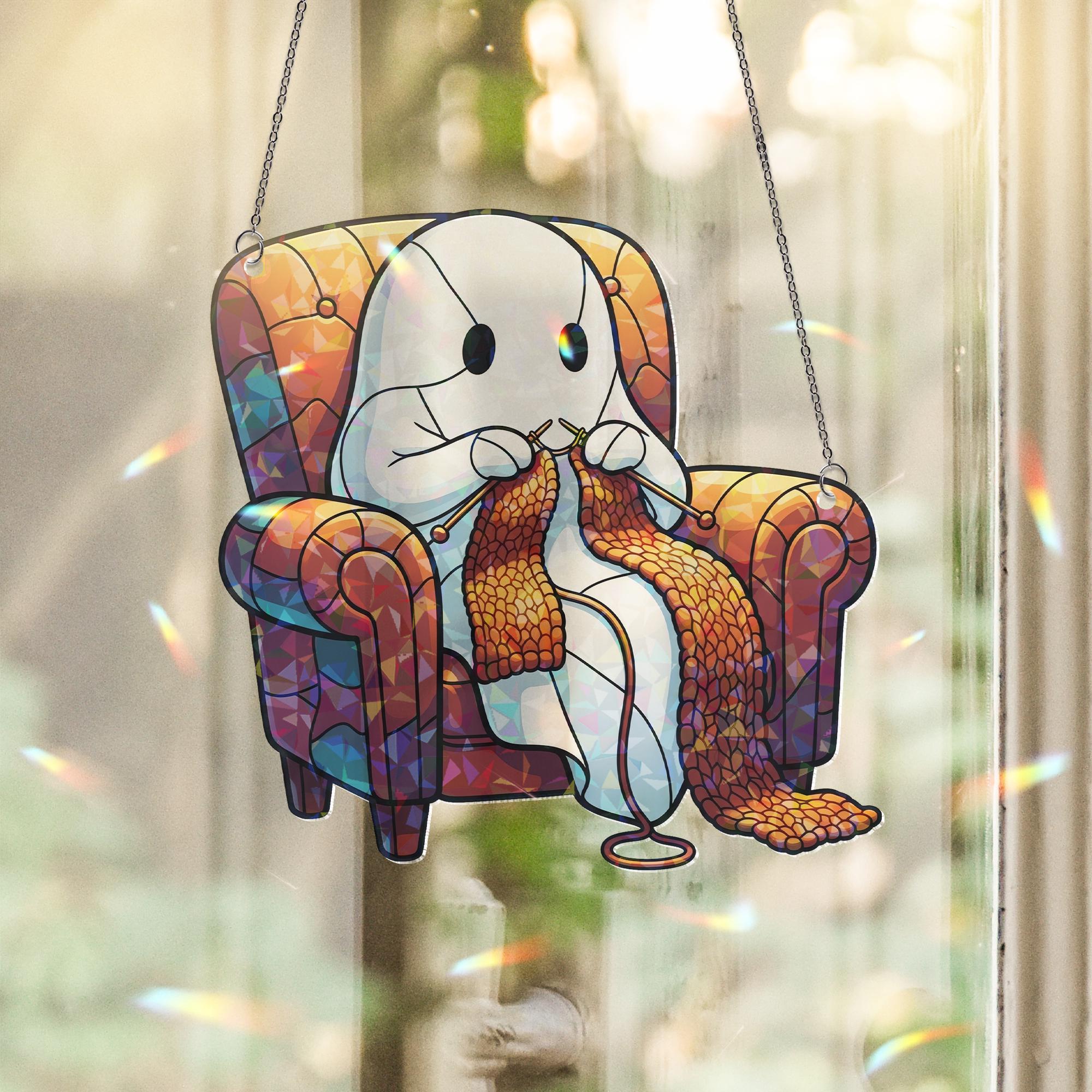 Holographic Knitting Ghost Window Hanging – Cozy Ghost Sun Catcher, Cute Halloween Prism Art, Fall Spooky Home Window Decor