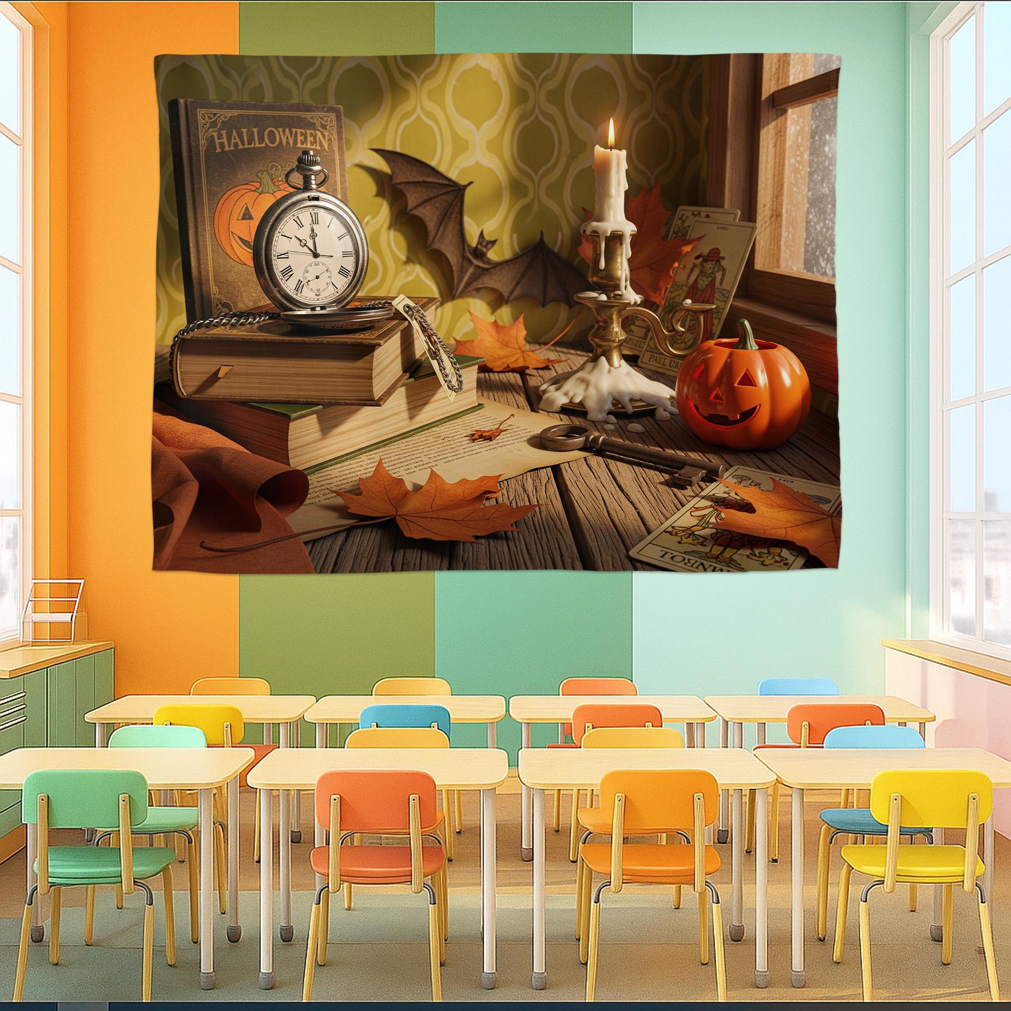 Vintage Halloween Still Life Tapestry – Clock, Tarot Cards & Pumpkin Candlelit Wall Art