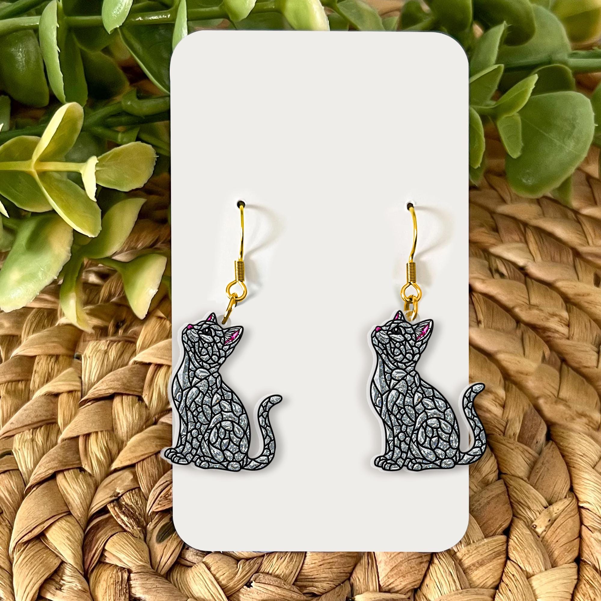 Mosaic Cat Earrings – Stained-Glass Inspired Black Cat Jewelry, Halloween Cat Statement Earrings, Witchy Cat Gifts