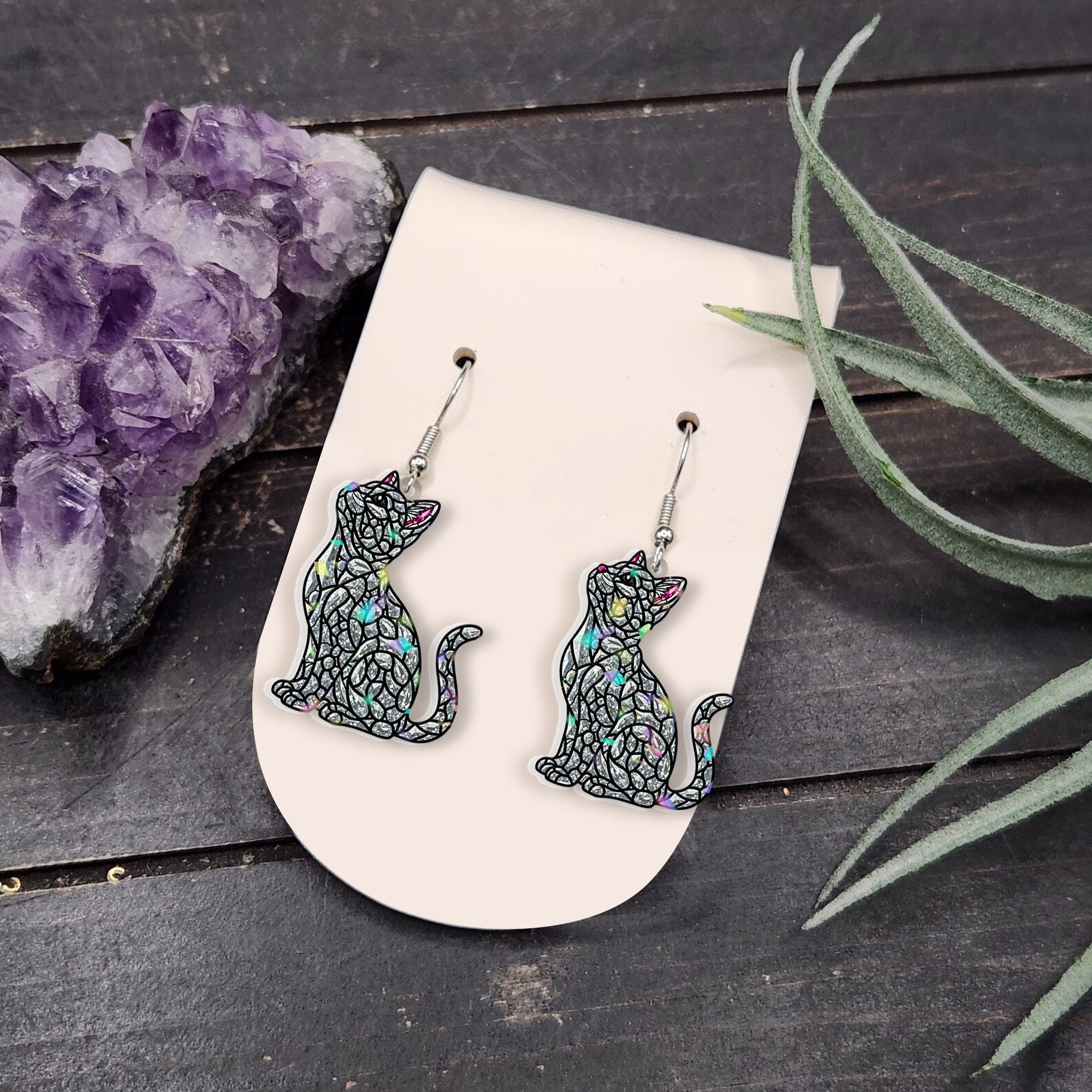 Mosaic Cat Earrings – Stained-Glass Inspired Black Cat Jewelry, Halloween Cat Statement Earrings, Witchy Cat Gifts