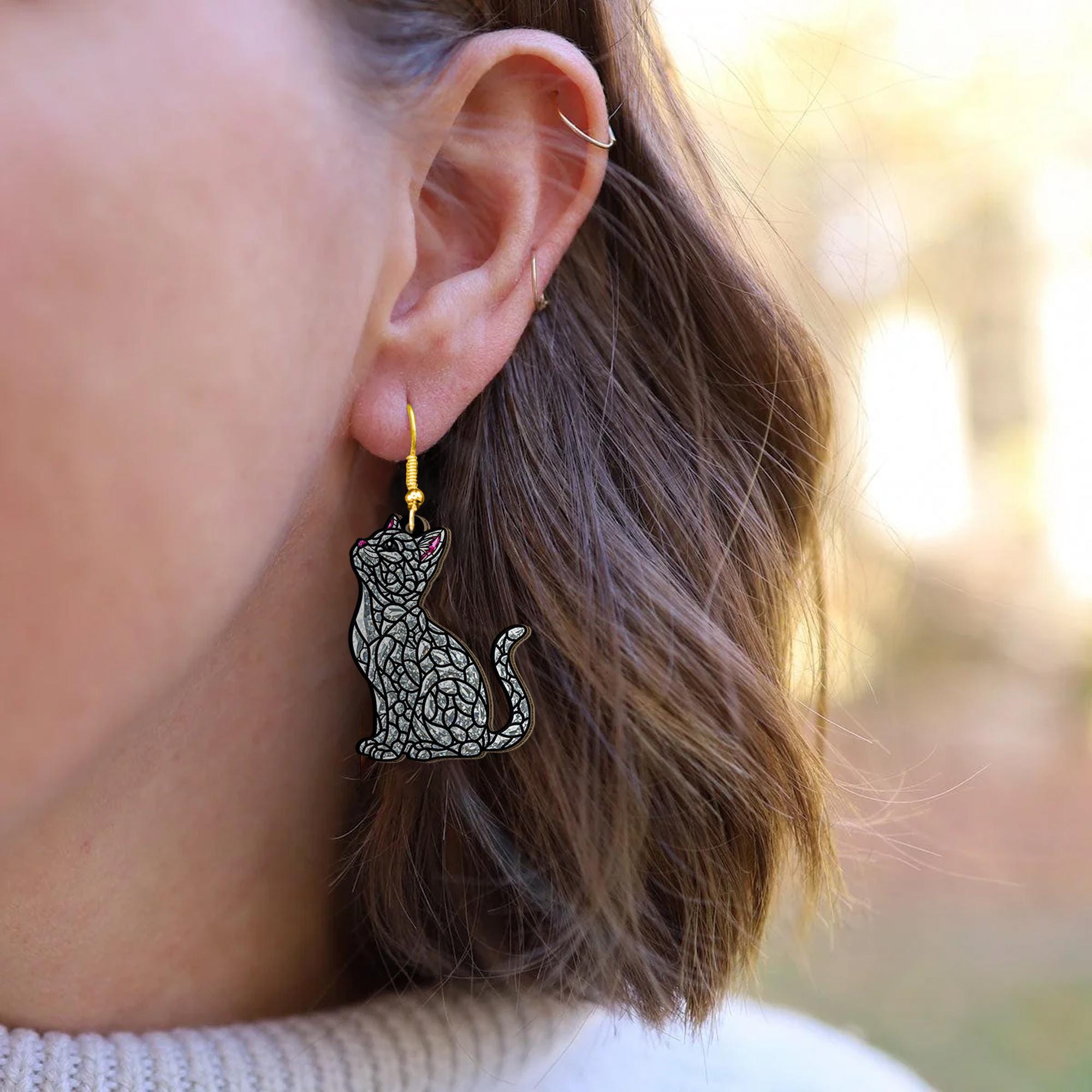 Mosaic Cat Earrings – Stained-Glass Inspired Black Cat Jewelry, Halloween Cat Statement Earrings, Witchy Cat Gifts