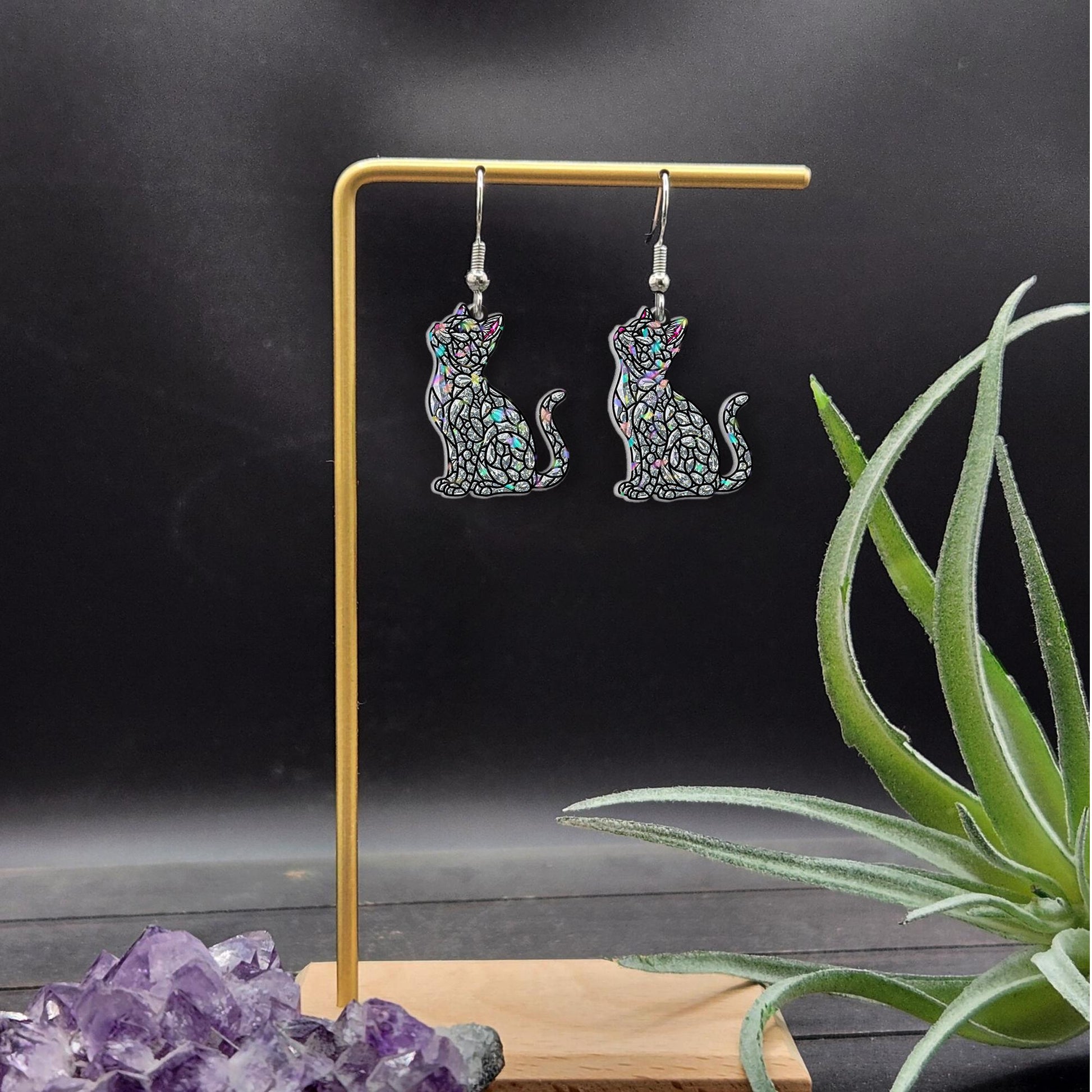 Mosaic Cat Earrings – Stained-Glass Inspired Black Cat Jewelry, Halloween Cat Statement Earrings, Witchy Cat Gifts