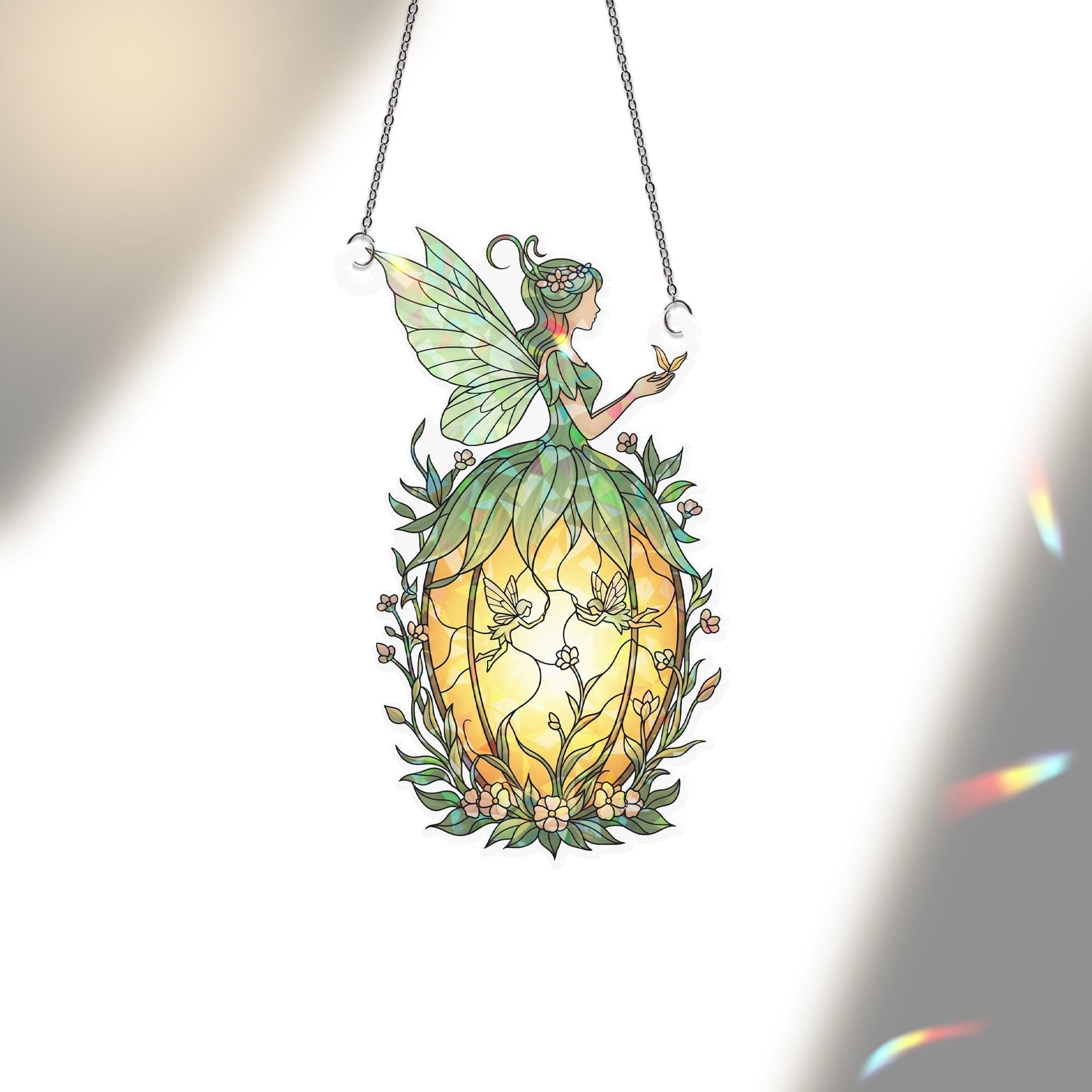 Holographic Fairy Pumpkin Window Hanging – Autumn Fairy on Pumpkin Sun Catcher, Halloween Prism Decor, Fall Fairy Suncatcher