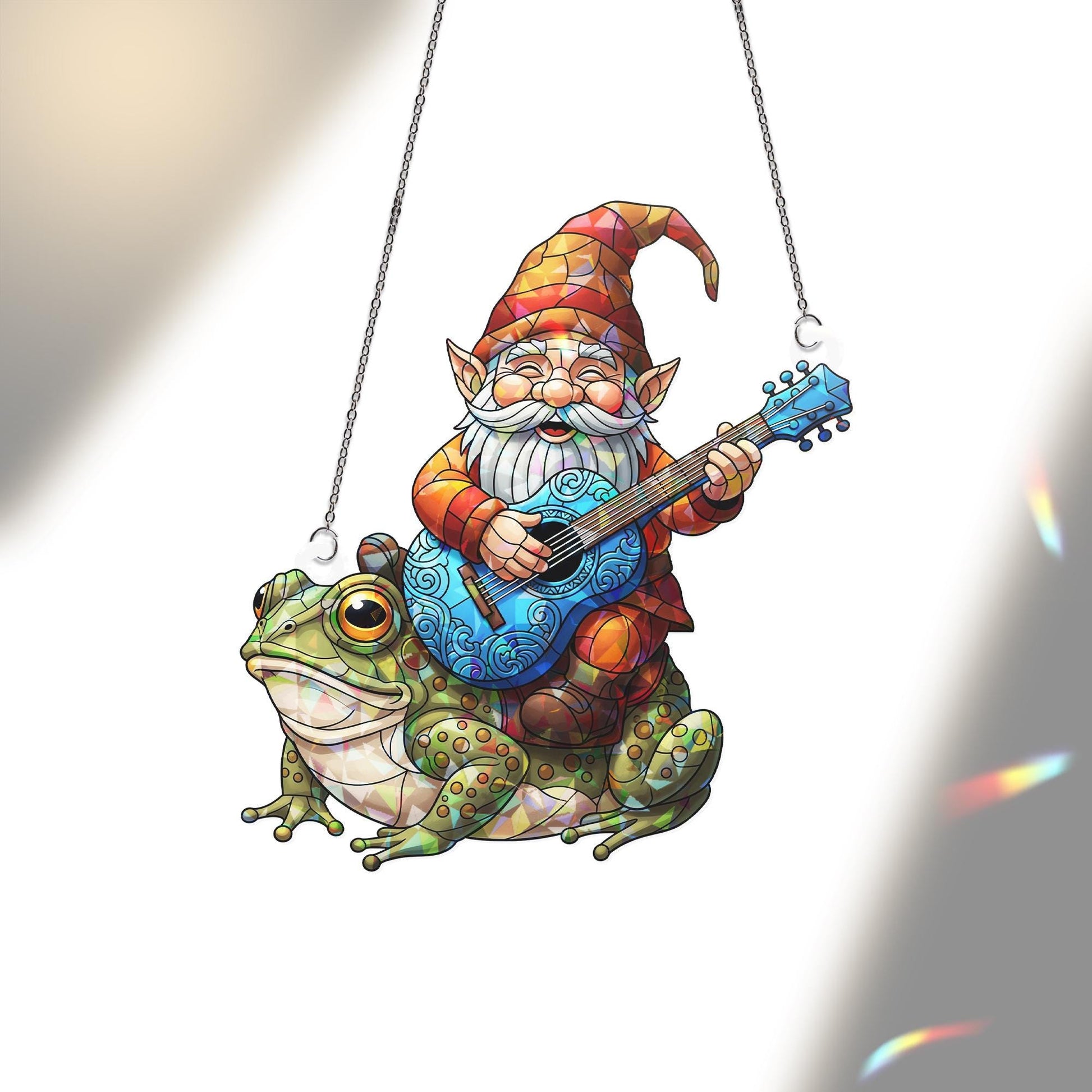 Holographic Gnome Riding Frog Window Hanging – Magical Prism Art, Gnome Guitar Outdoor Decor, Fantasy Frog Sun Catcher