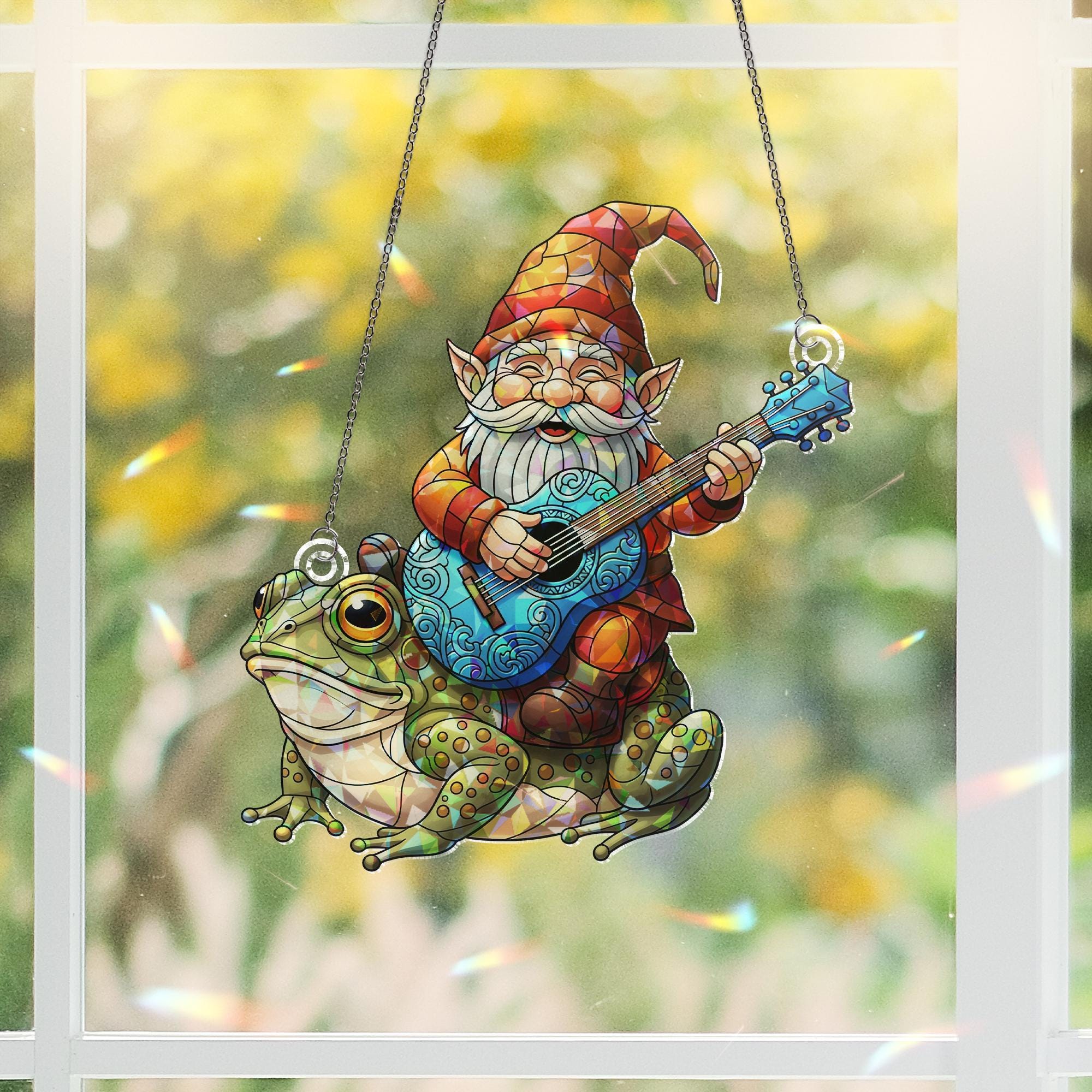 Holographic Gnome Riding Frog Window Hanging – Magical Prism Art, Gnome Guitar Outdoor Decor, Fantasy Frog Sun Catcher