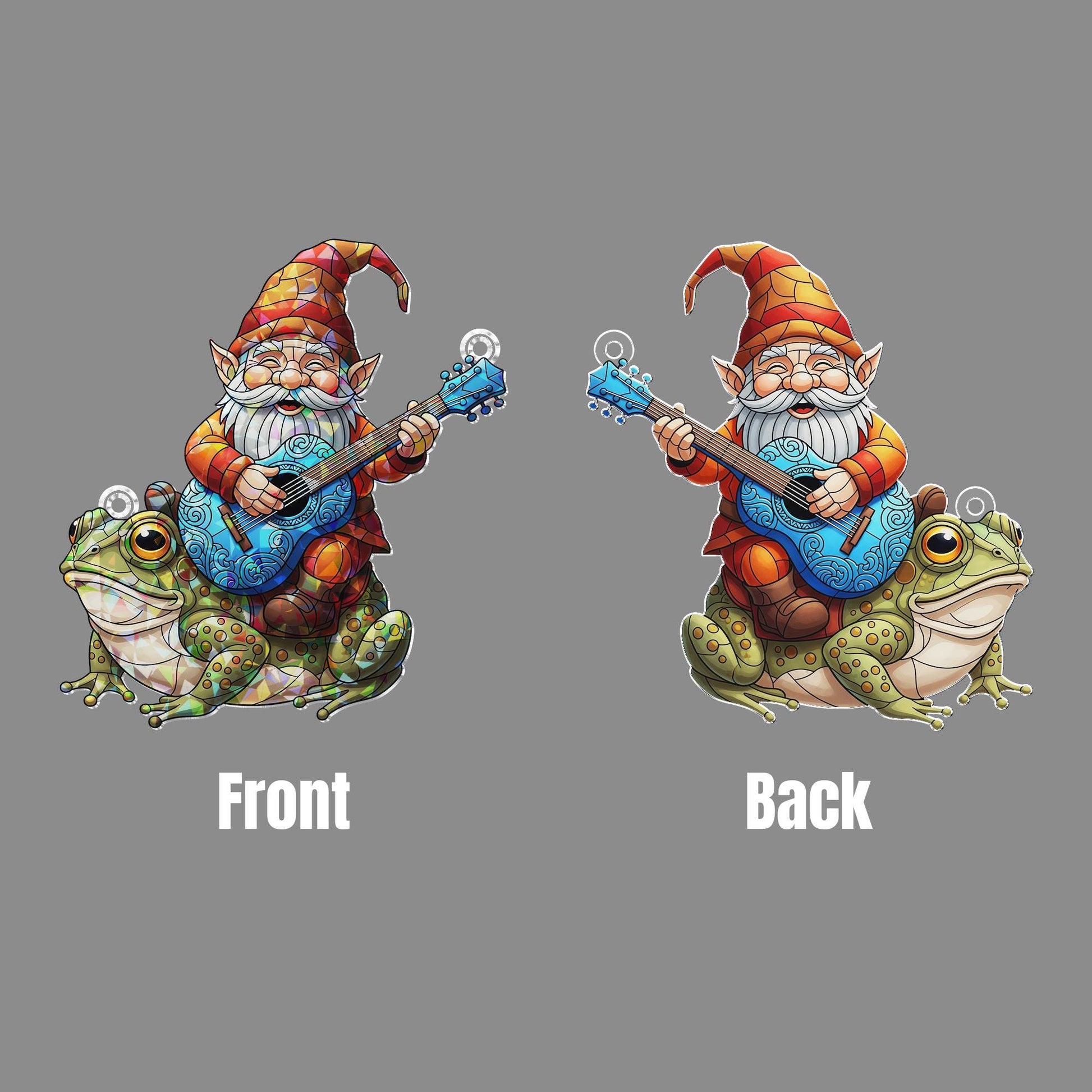 Holographic Gnome Riding Frog Window Hanging – Magical Prism Art, Gnome Guitar Outdoor Decor, Fantasy Frog Sun Catcher
