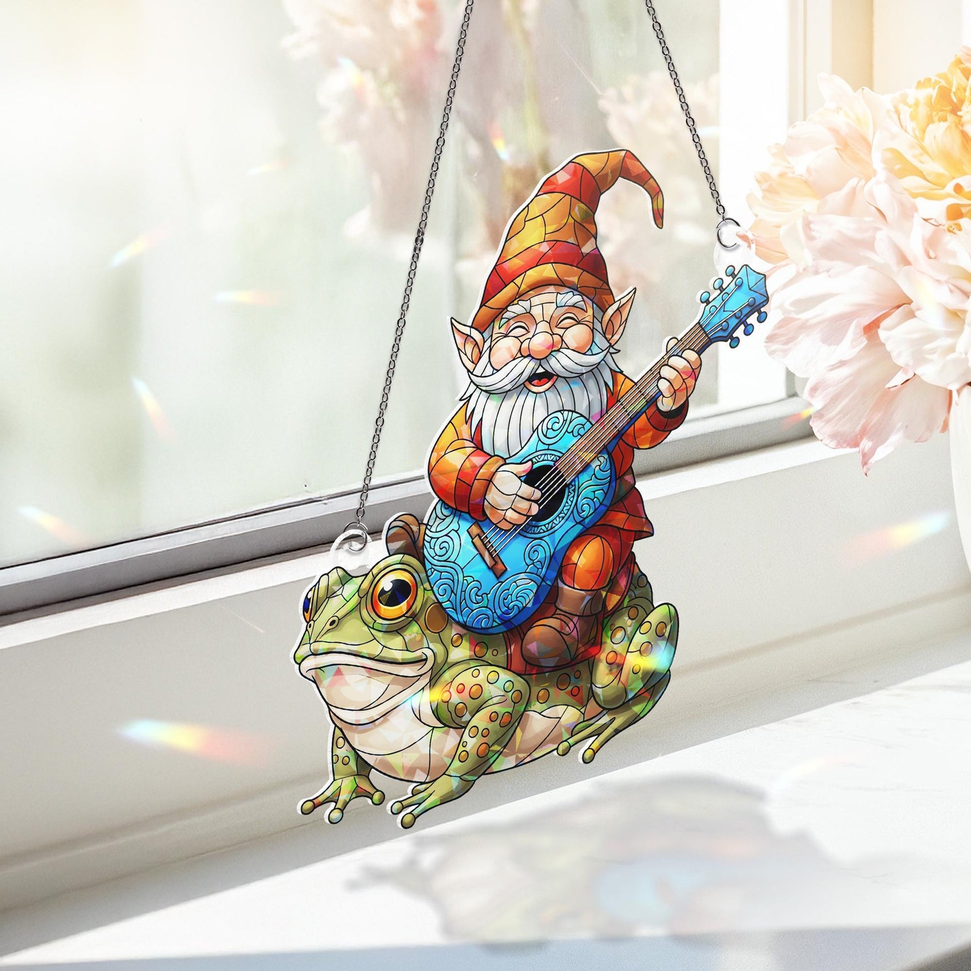 Holographic Gnome Riding Frog Window Hanging – Magical Prism Art, Gnome Guitar Outdoor Decor, Fantasy Frog Sun Catcher