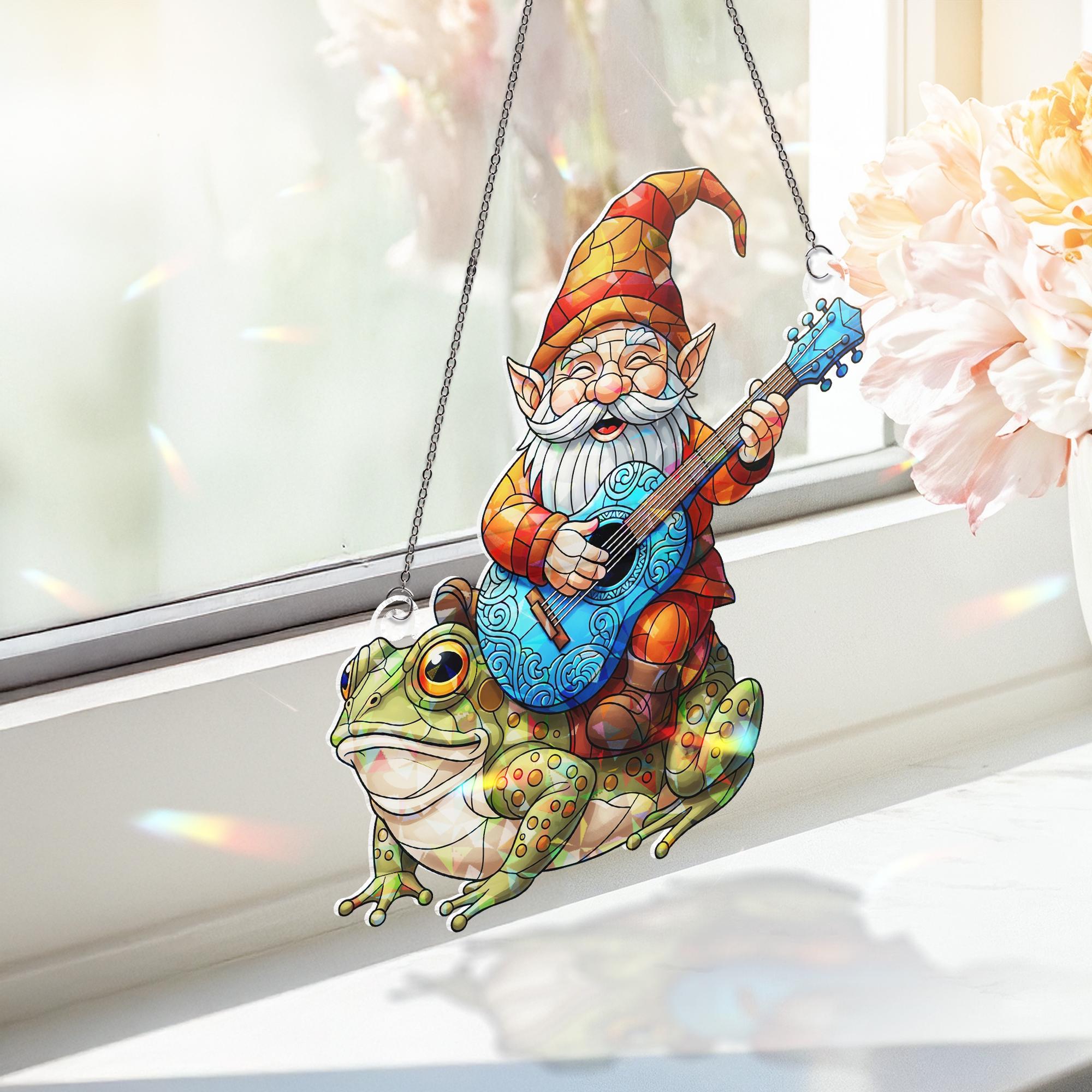 Holographic Gnome Riding Frog Window Hanging – Magical Prism Art, Gnome Guitar Outdoor Decor, Fantasy Frog Sun Catcher