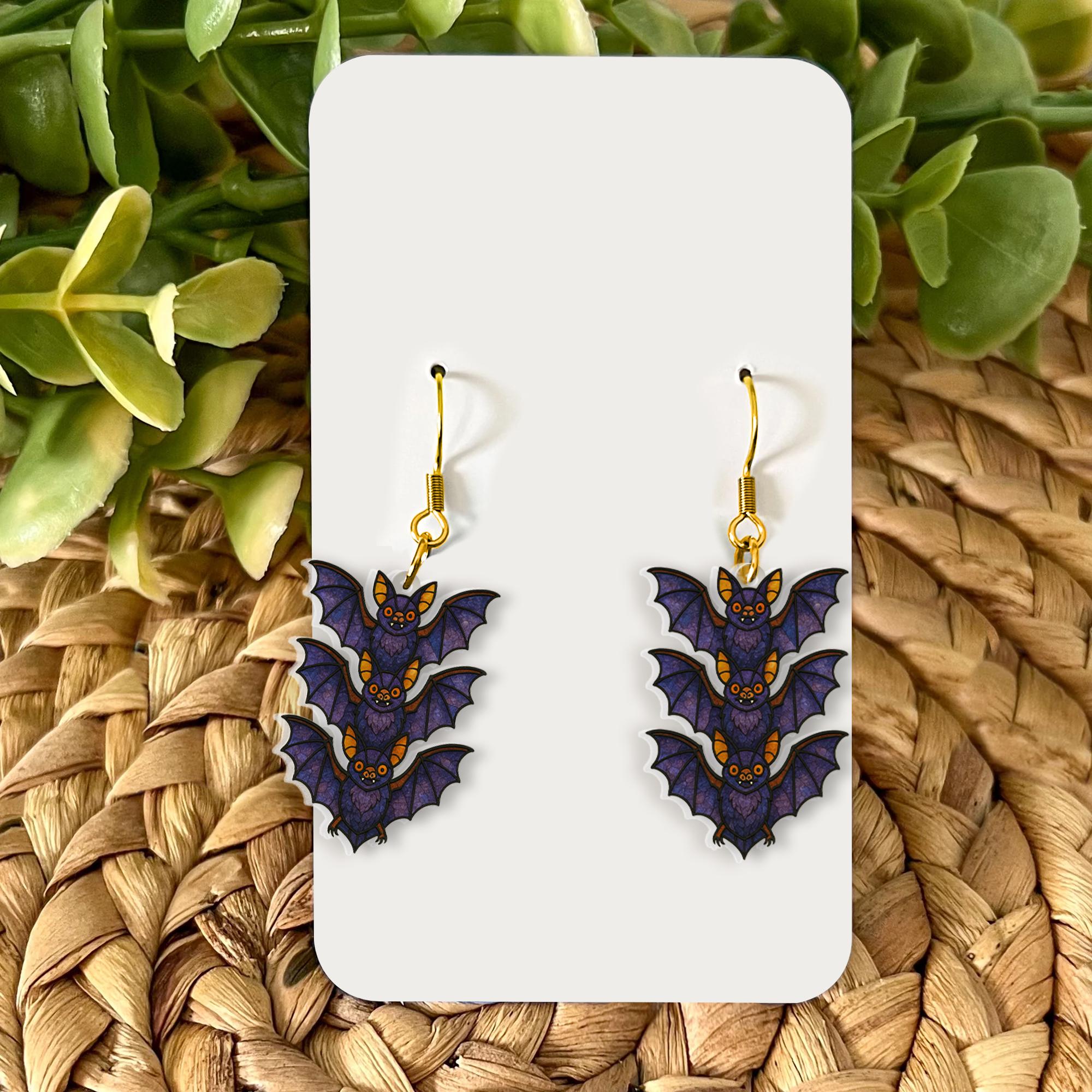 Triple Bat Halloween Earrings – Spooky Cute Dangle Earrings for Goth Style or Costume – Lightweight Statement Jewelry